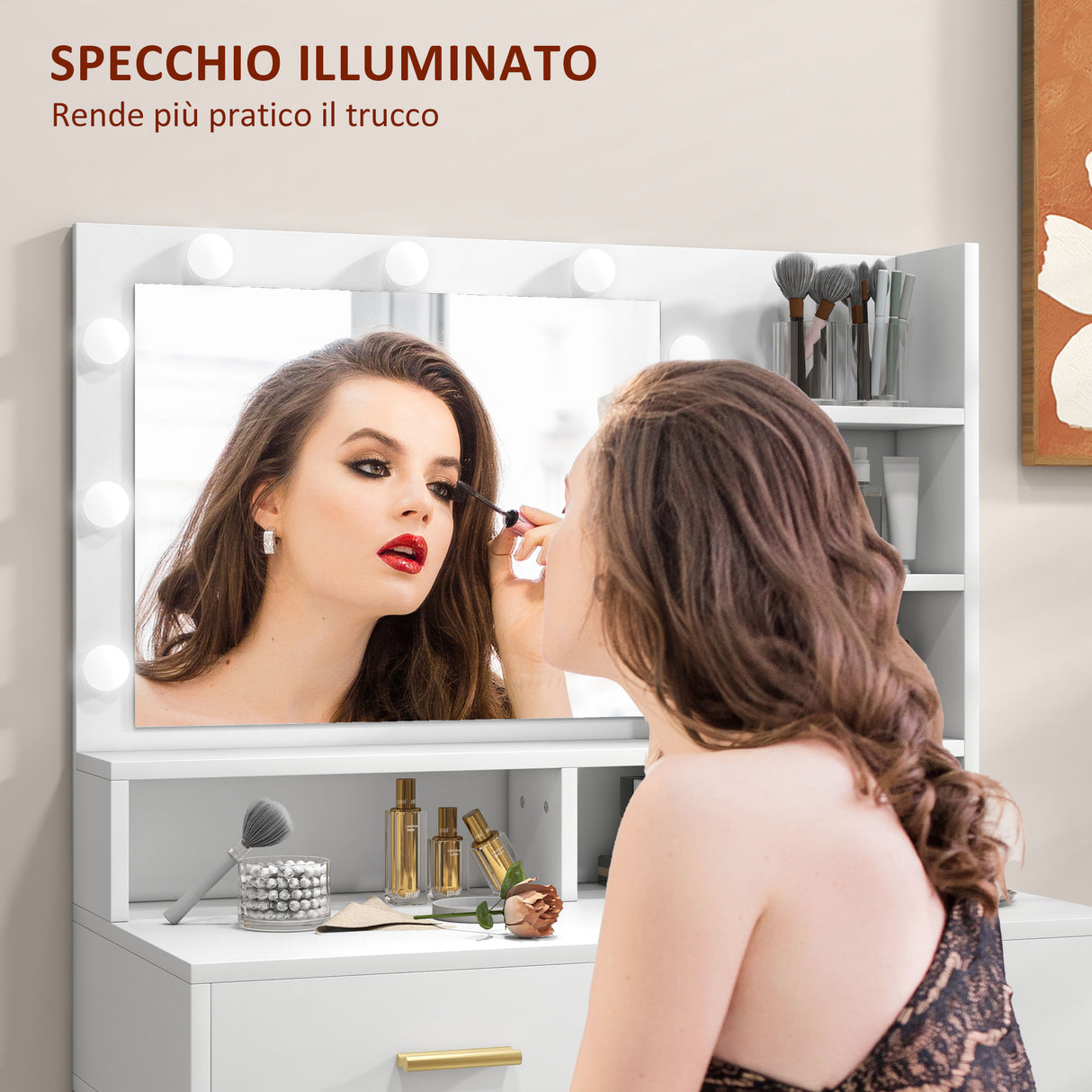 easycomfort easycomfort mobile toeletta con specchio 2 cassetti 5 ripiani e sgabello in mdf e truciolato 80x40x138 cm bianco