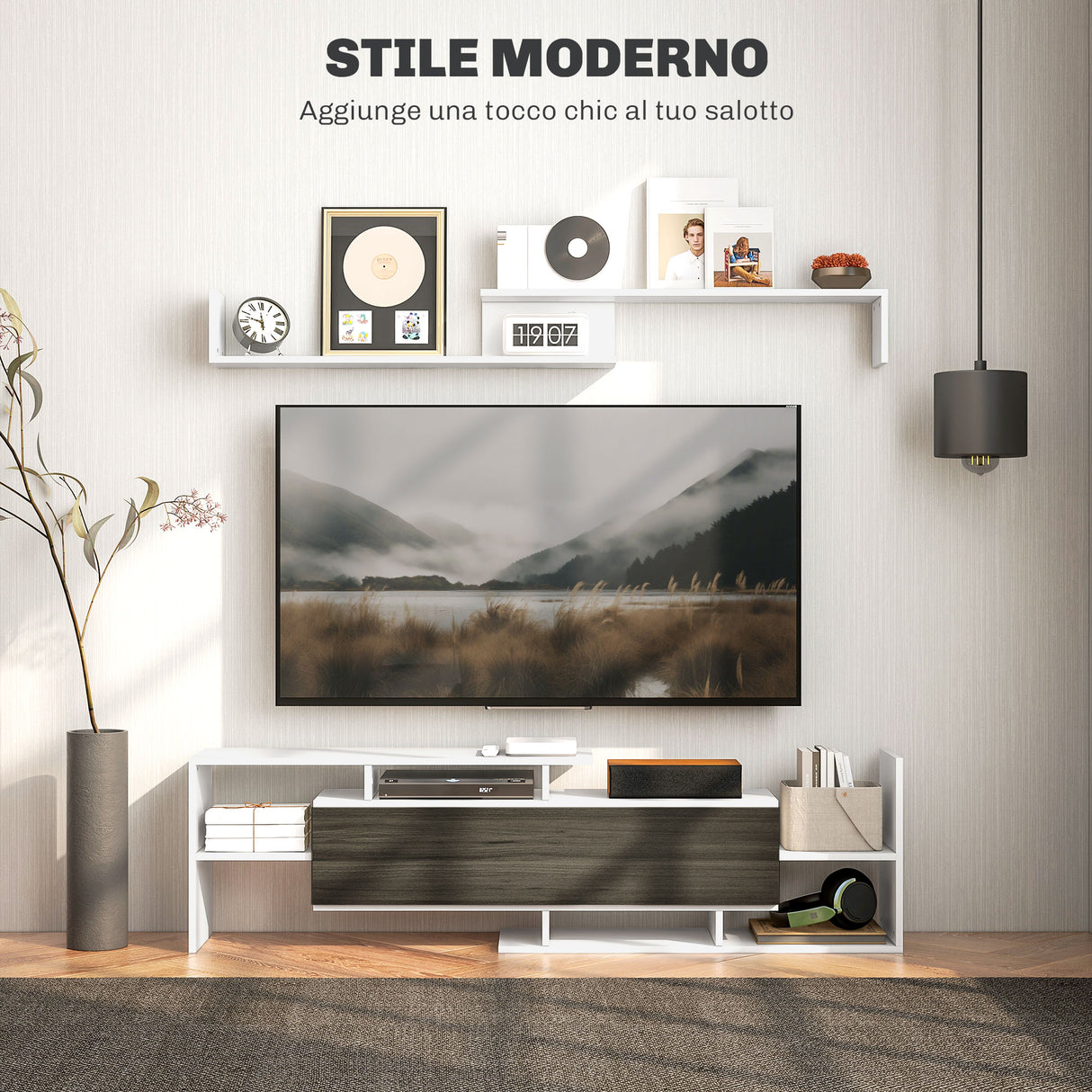 easycomfort easycomfort mobile tv con mensola a muro ripiani aperti e armadietto in legno bianco e nero