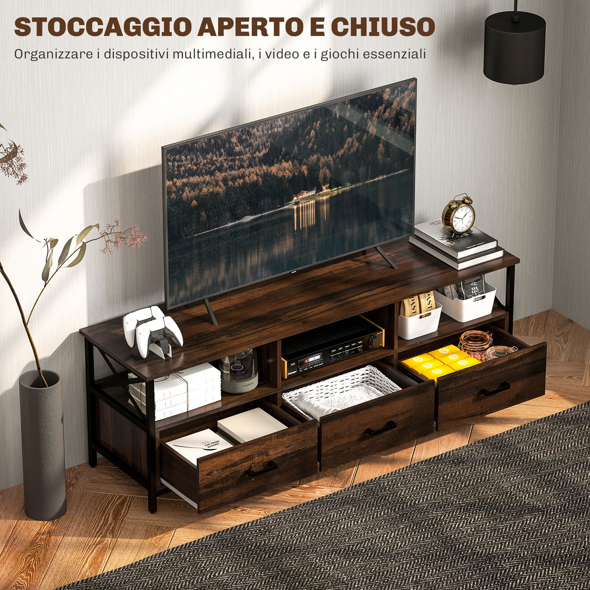 easycomfort easycomfort mobile tv industriale con 3 cassetti e 3 ripiani aperti in legno e acciaio 147x40x50 cm nero e marrone