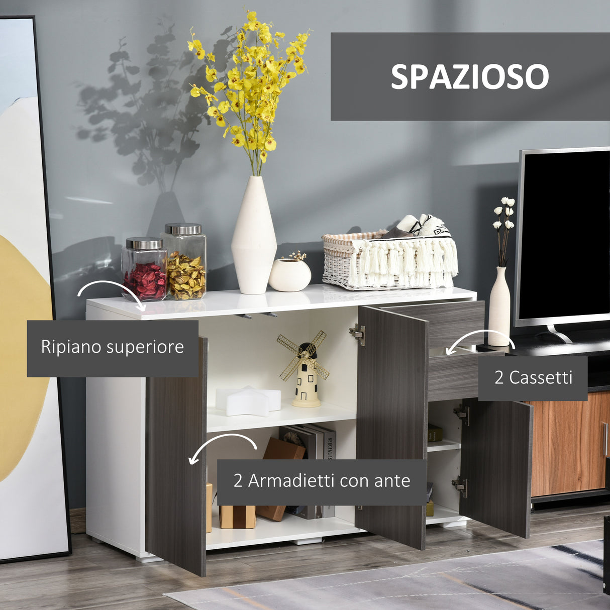easycomfort easycomfort mobiletto armadietto multiuso per soggiorno cucina ufficio 2 cassetti e 2 armadietti con apertura a pressione grigio