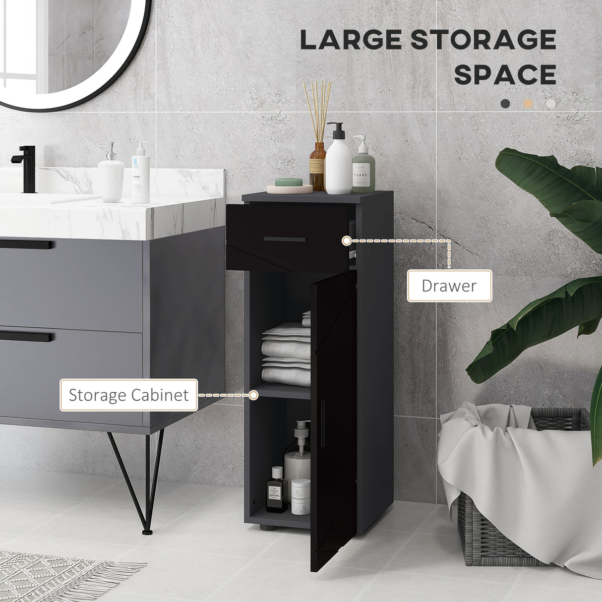 easycomfort easycomfort mobiletto bagno in truciolato con cassetto e armadietto a 2 livelli regolabili 30x30x82 cm nero e grigio