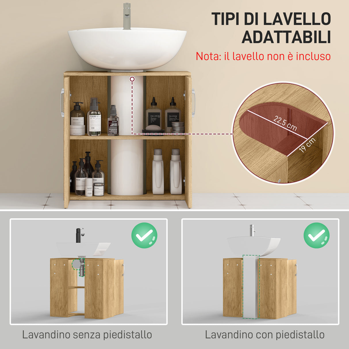 easycomfort easycomfort mobiletto bagno sottolavabo sospeso a 2 ante con 2 ripiani in legno colore naturale