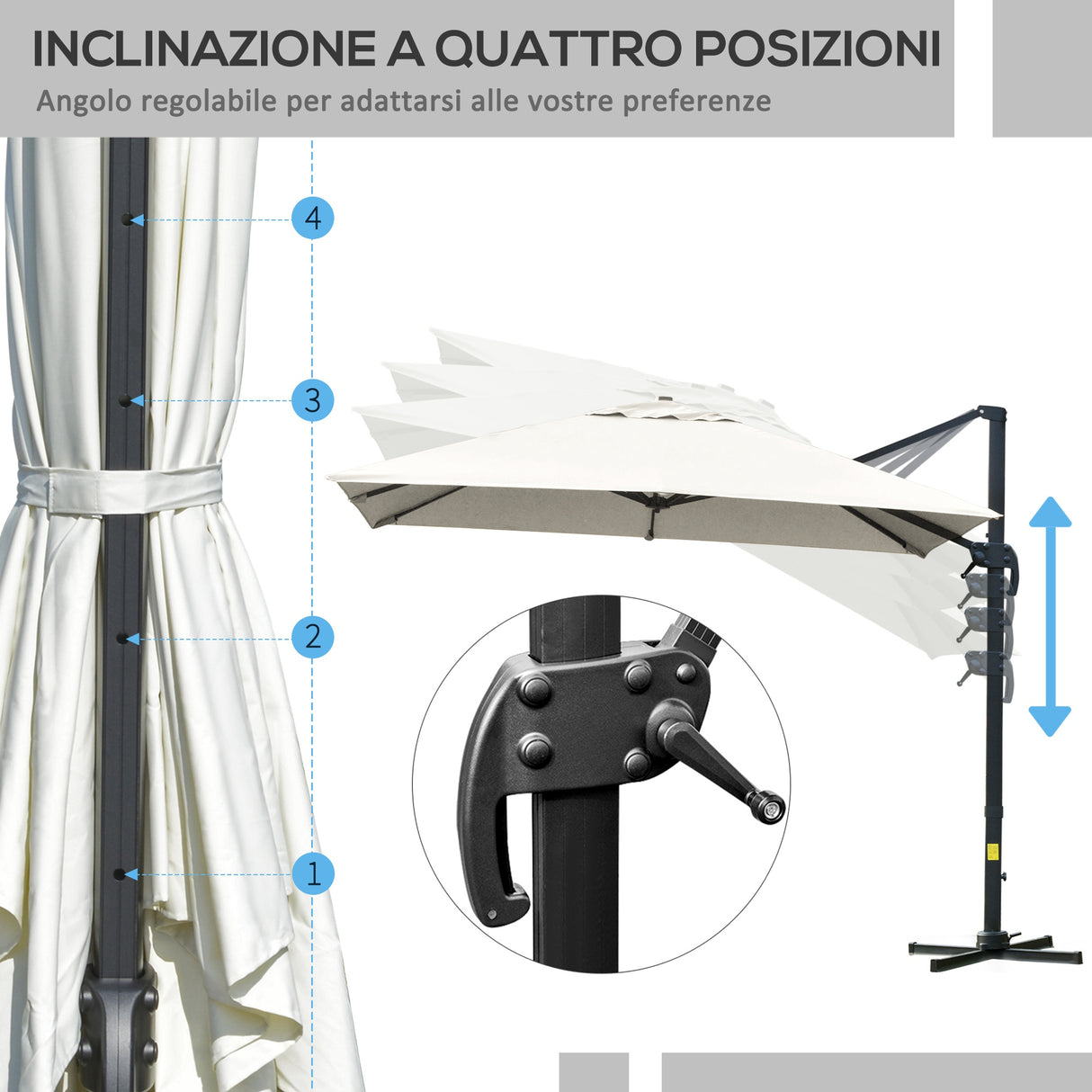 easycomfort easycomfort ombrellone a sbalzo 3x3 m inclinabile con manovella e base a croce in acciaio e poliestere bianco crema