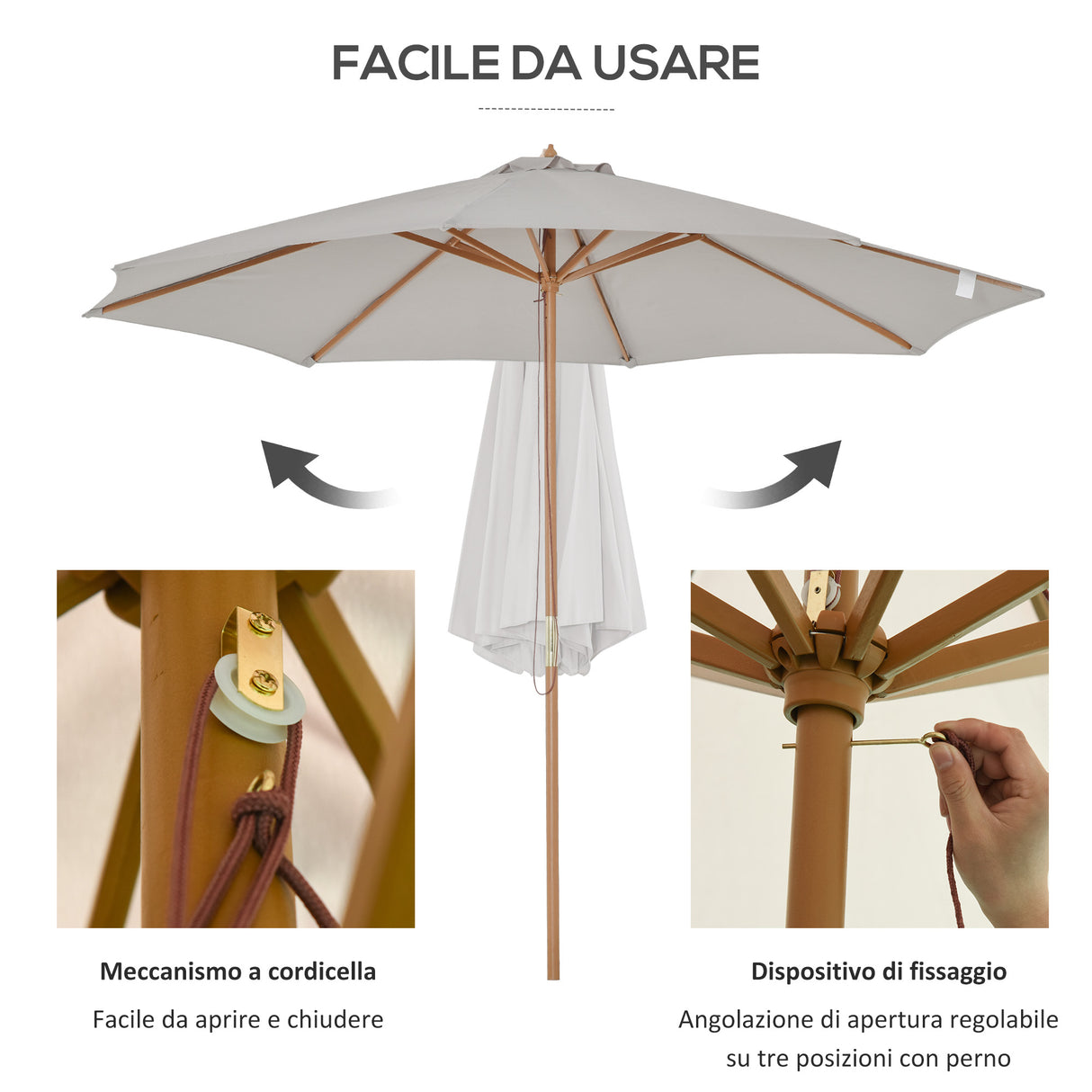 easycomfort easycomfort ombrellone da giardino 3 m con palo in legno 8 stecche e parasole in poliestere grigio