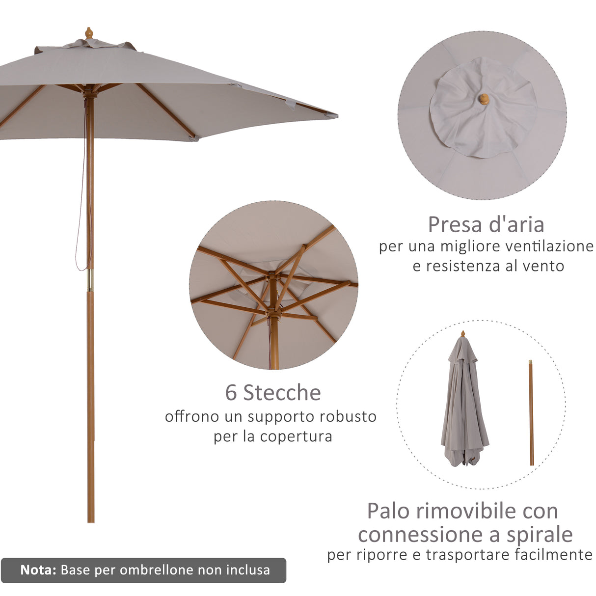 easycomfort easycomfort ombrellone da giardino a 6 stecche in legno e tessuto poliestere 2 5x2 3m grigio