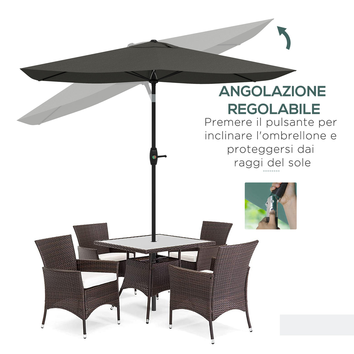 easycomfort easycomfort ombrellone da giardino rettangolare 2x3 m inclinabile con apertura a manovella grigio