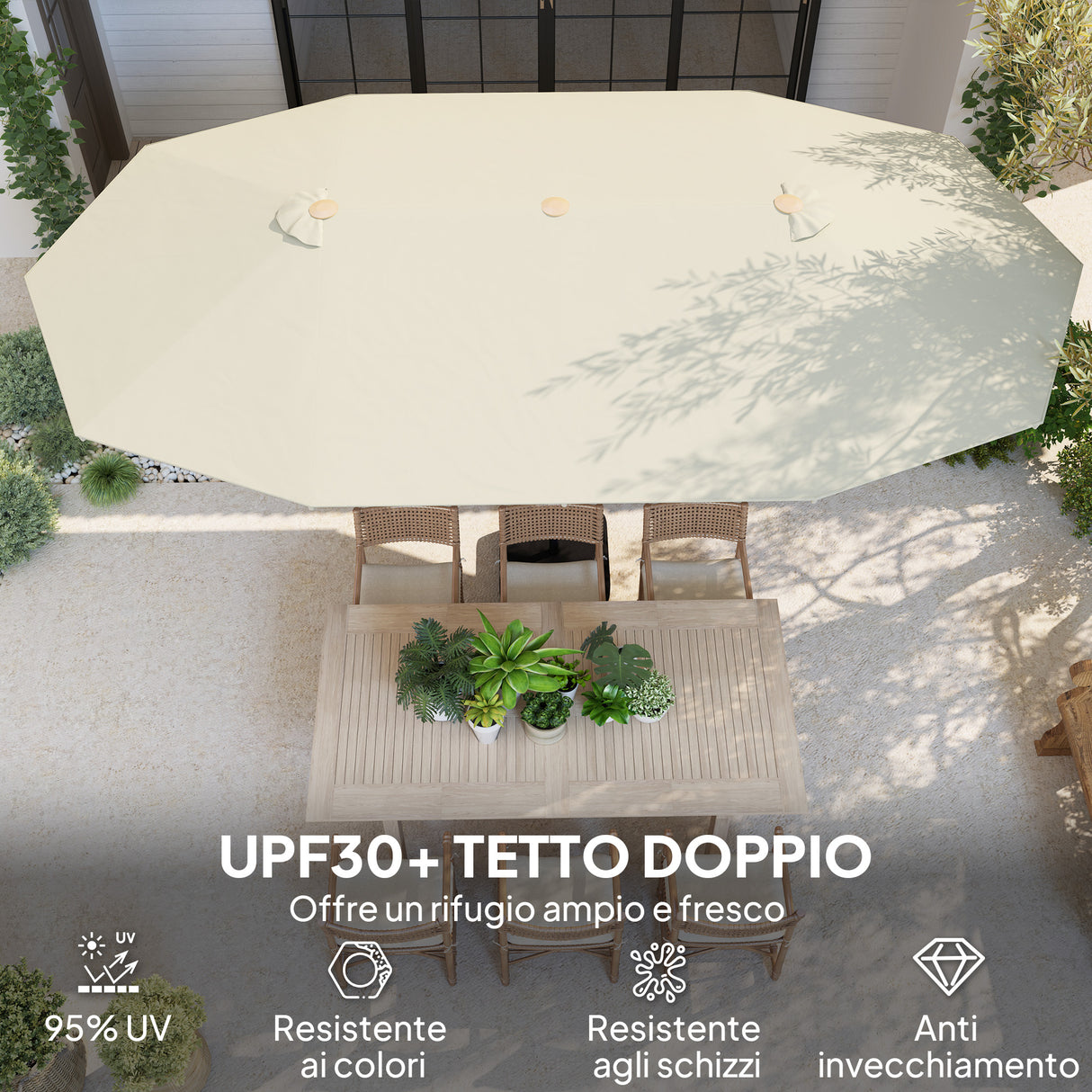 easycomfort easycomfort ombrellone doppio con apertura a manovella in acciaio inox e poliestere 455x265x238 cm beige