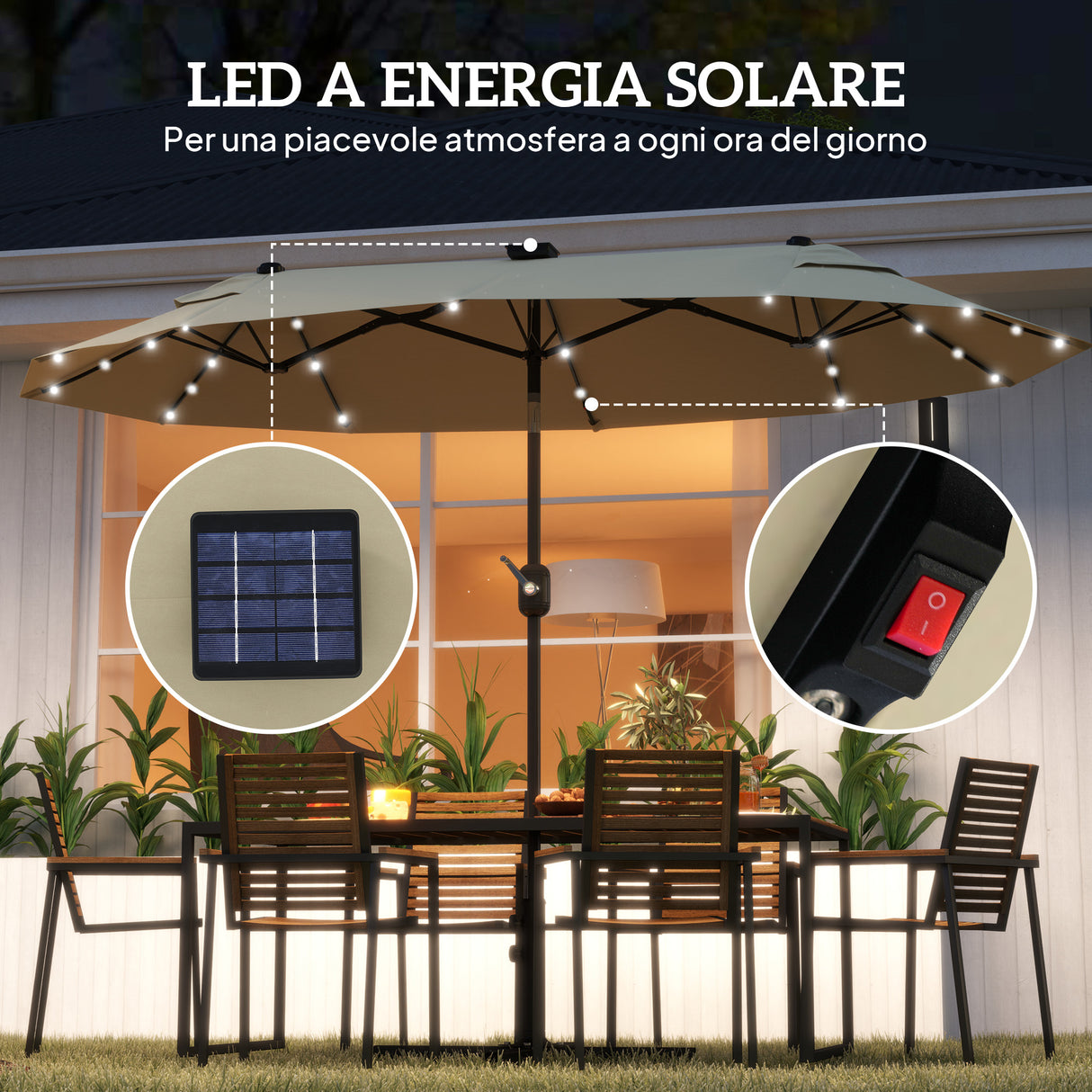 easycomfort easycomfort ombrellone doppio con luci led e base a croce in poliestere e acciaio 295x150x219 cm bianco crema