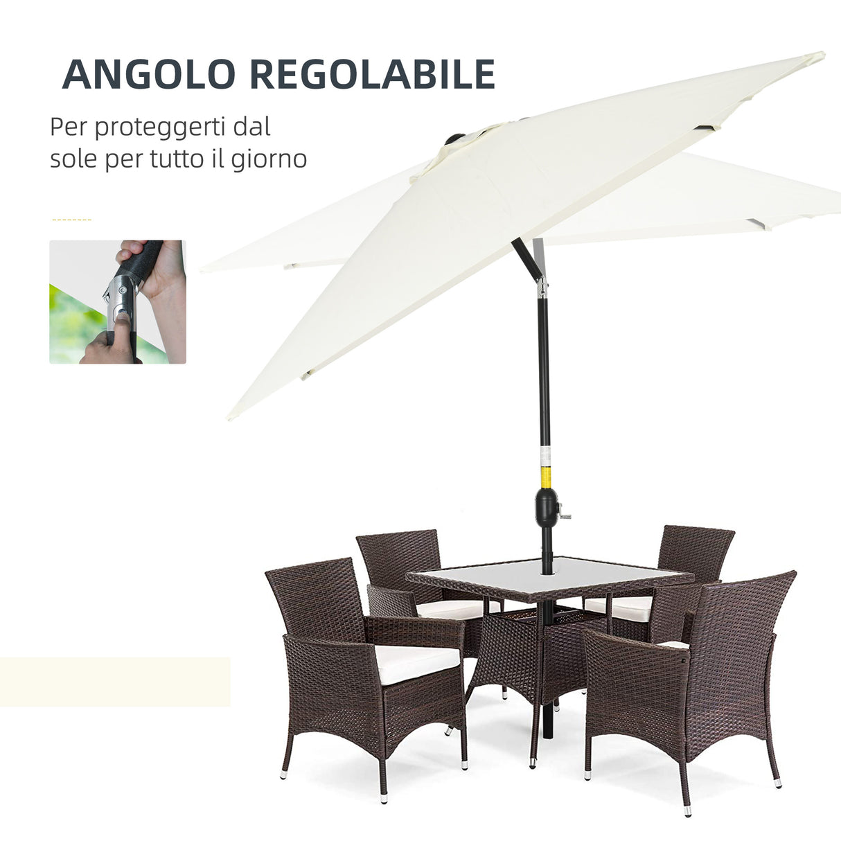 easycomfort easycomfort ombrellone rettangolare 2x3 m pieghevole e regolabile con manovella in alluminio e poliestere bianco crema