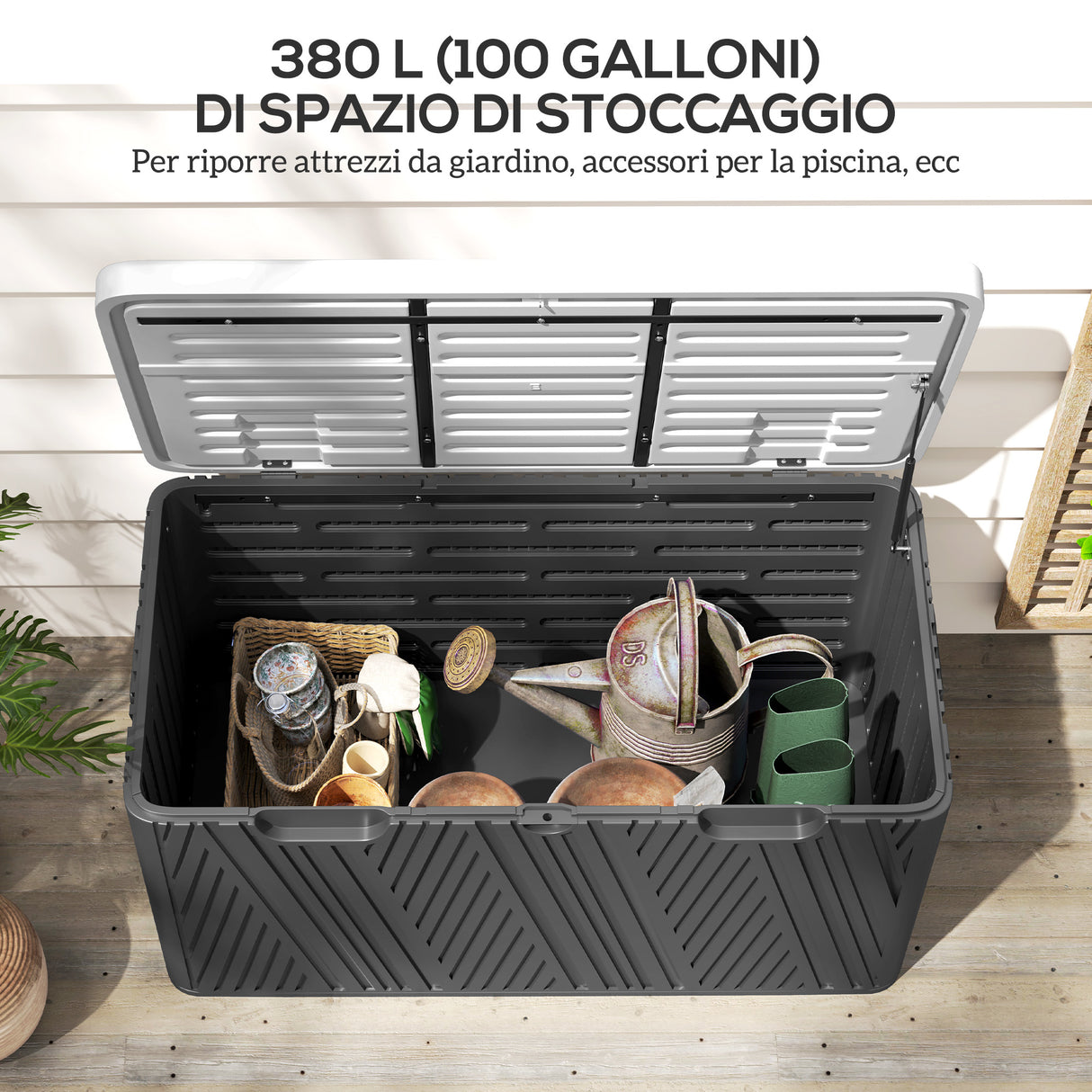 easycomfort easycomfort panca contenitore 380l in hdpe con 2 maniglie laterali e leva a gas 115x60x60 cm nero e grigio
