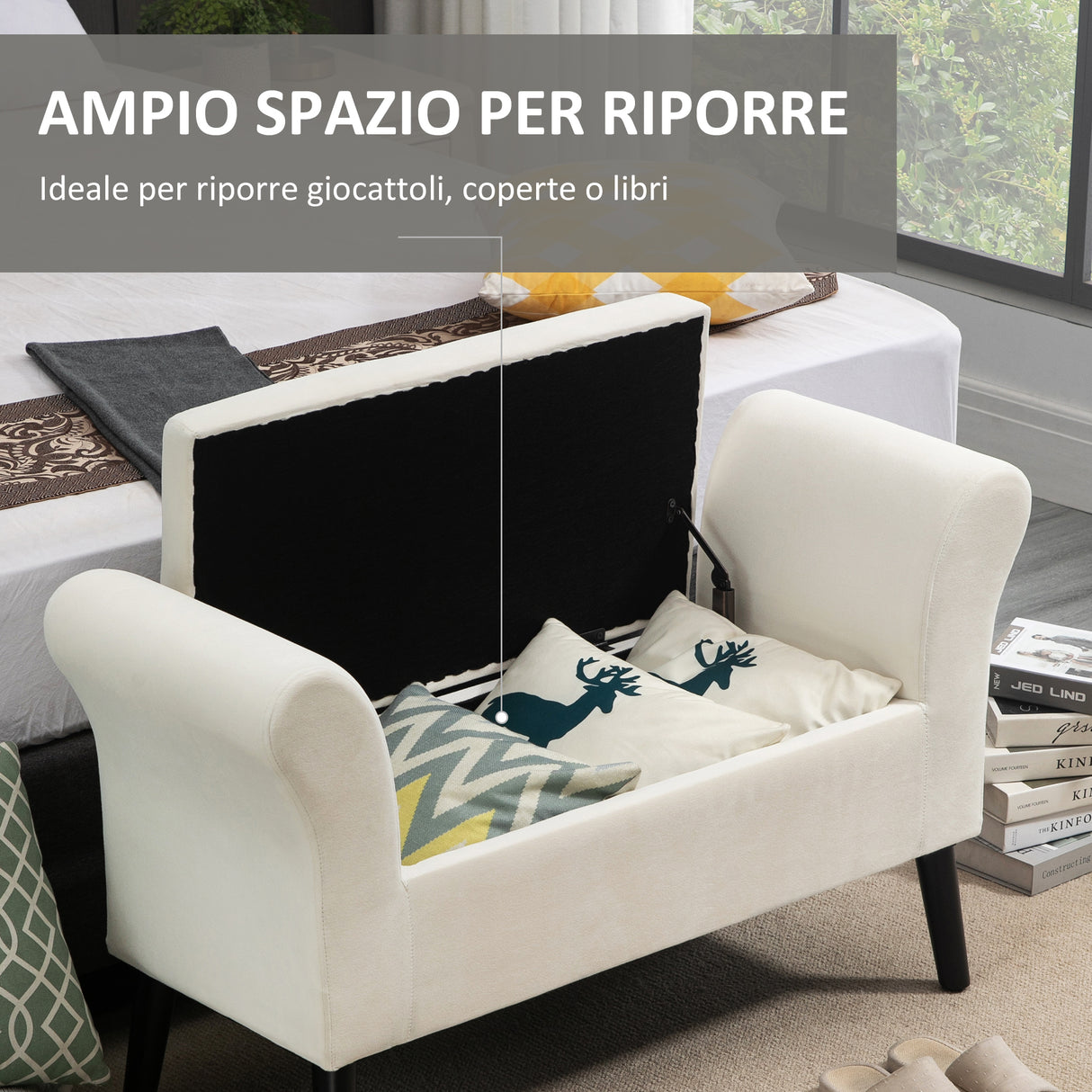 easycomfort easycomfort panca contenitore con braccioli in tessuto effetto velluto e legno 111 5x41x65 cm bianco crema