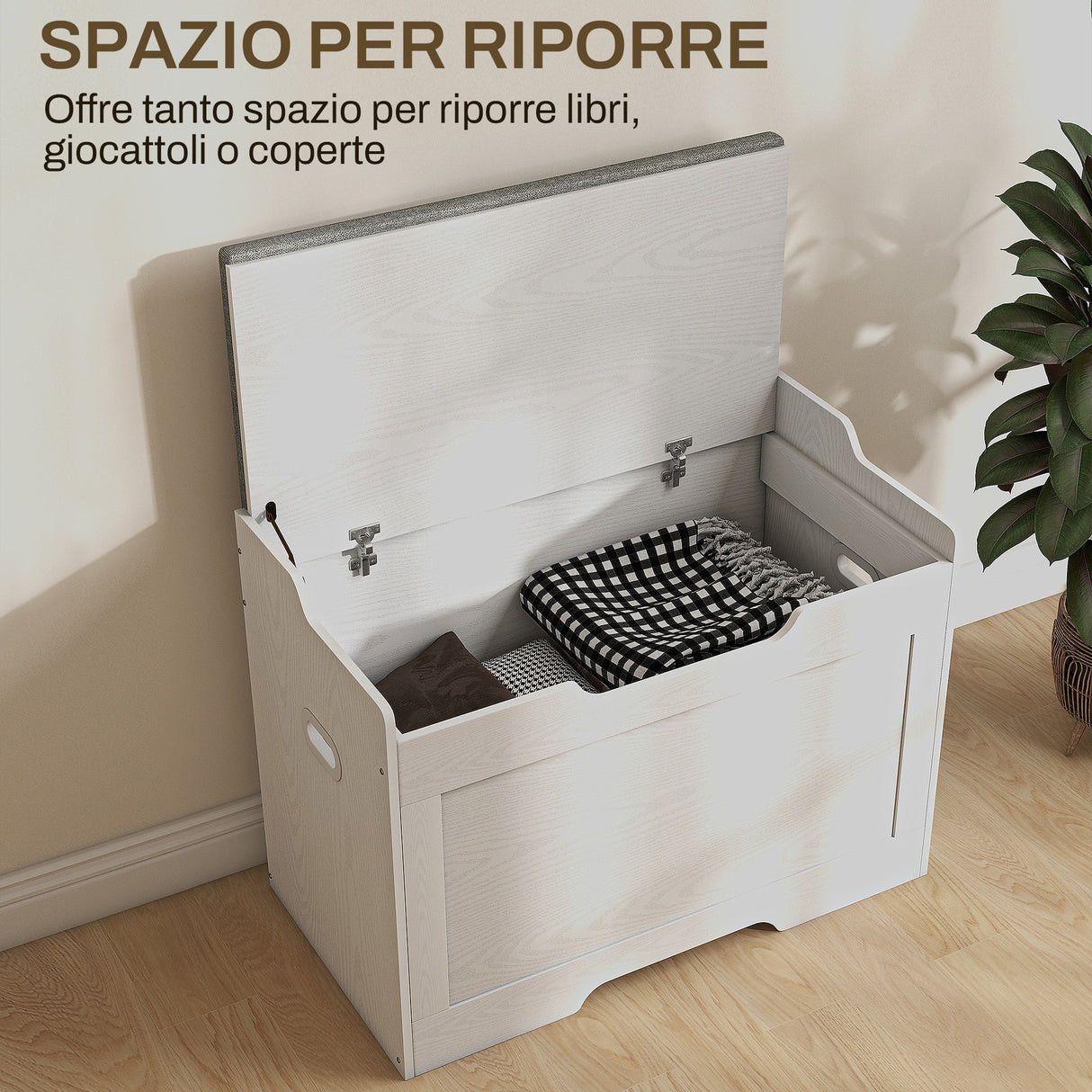 easycomfort easycomfort panca contenitore da 103l multifunzione in legno con cuscino in tessuto 75x40x56cm bianco