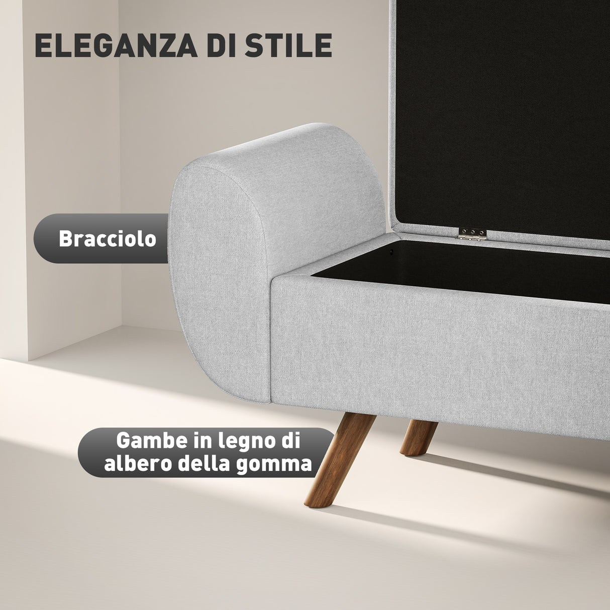 easycomfort easycomfort panca contenitore fondo letto con braccioli in tessuto gambe in legno e vano da 53 8l 132x42x50 cm grigio