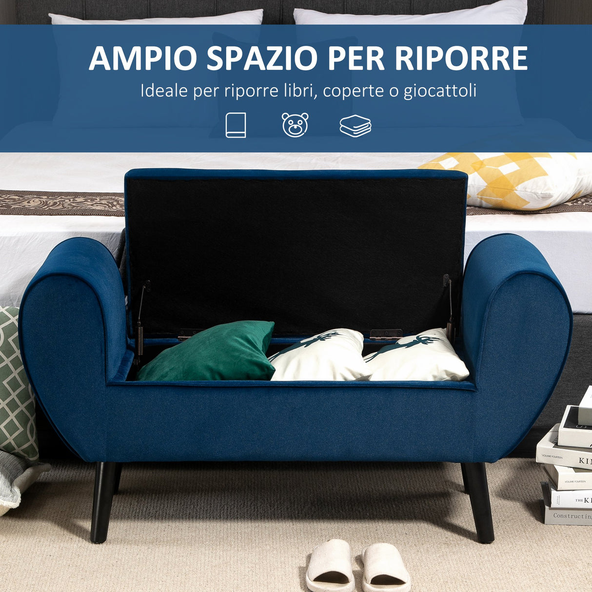 easycomfort easycomfort panca contenitore imbottita per interno in tessuto vellutato con braccioli 118x42x66cm blu