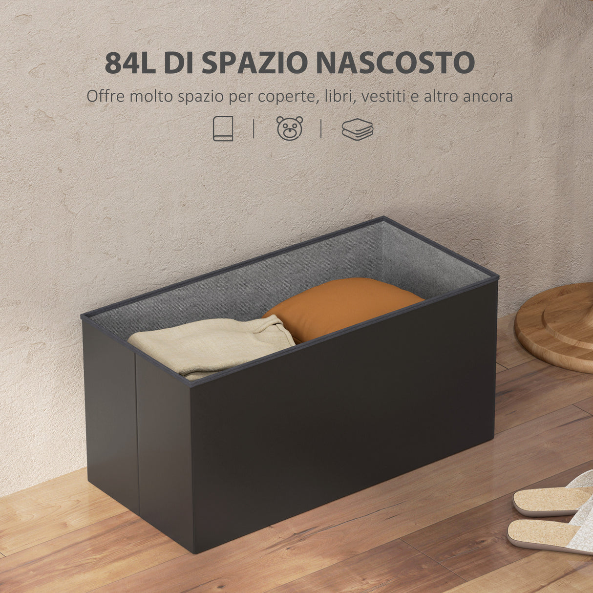 easycomfort easycomfort panca contenitore pieghevole da 84l coperchio imbottito e rivestimento finta pelle 76x38x38cm nero