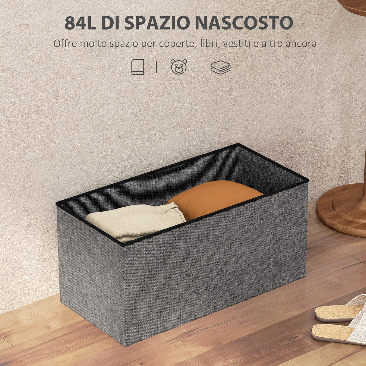 easycomfort easycomfort panca contenitore pieghevole da 84l coperchio imbottito e rivestimento in tessuto 76x38x38cm grigio scuro
