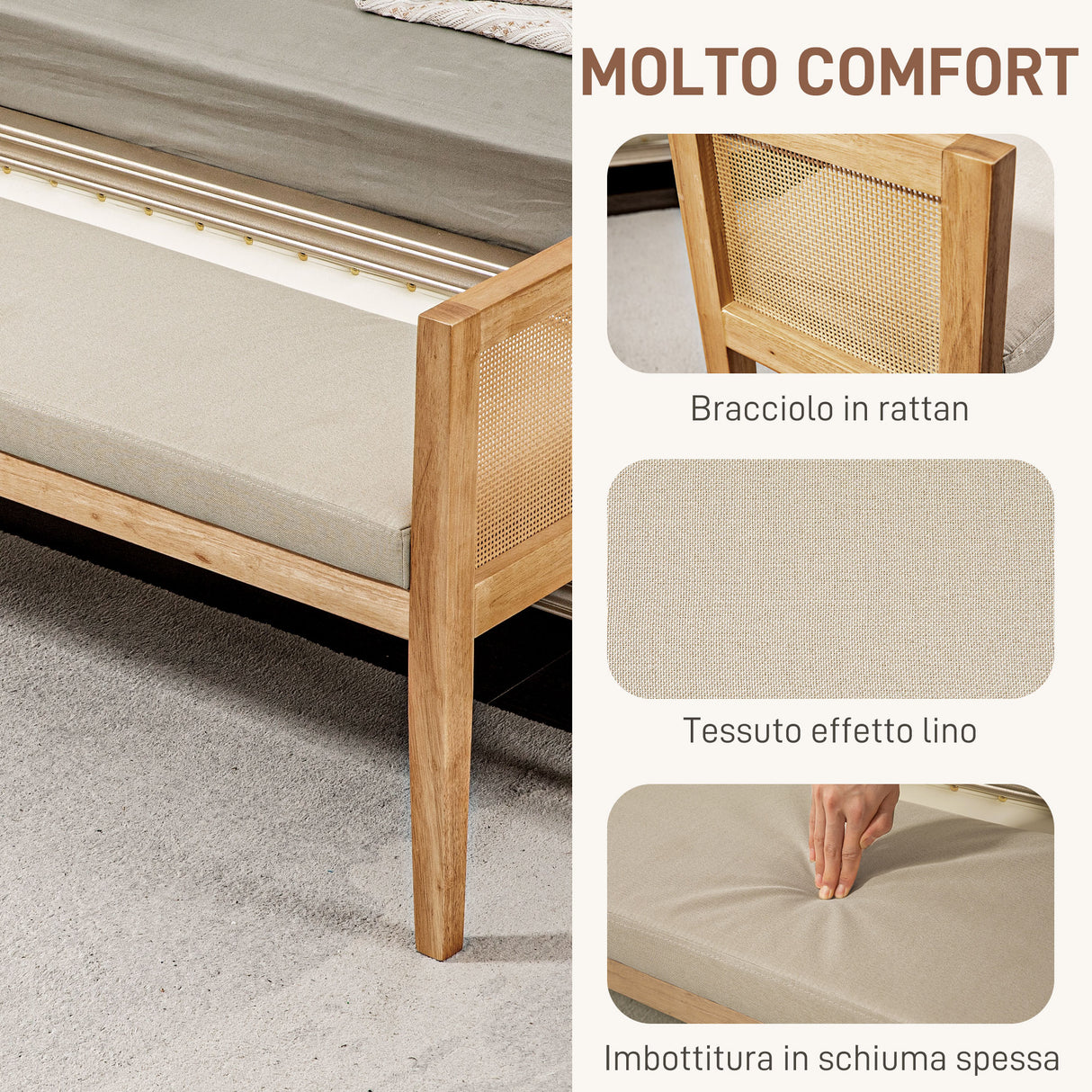 easycomfort easycomfort panca fondo letto boho con seduta imbottita e braccioli in legno e rattan 120x38x61 5cm crema