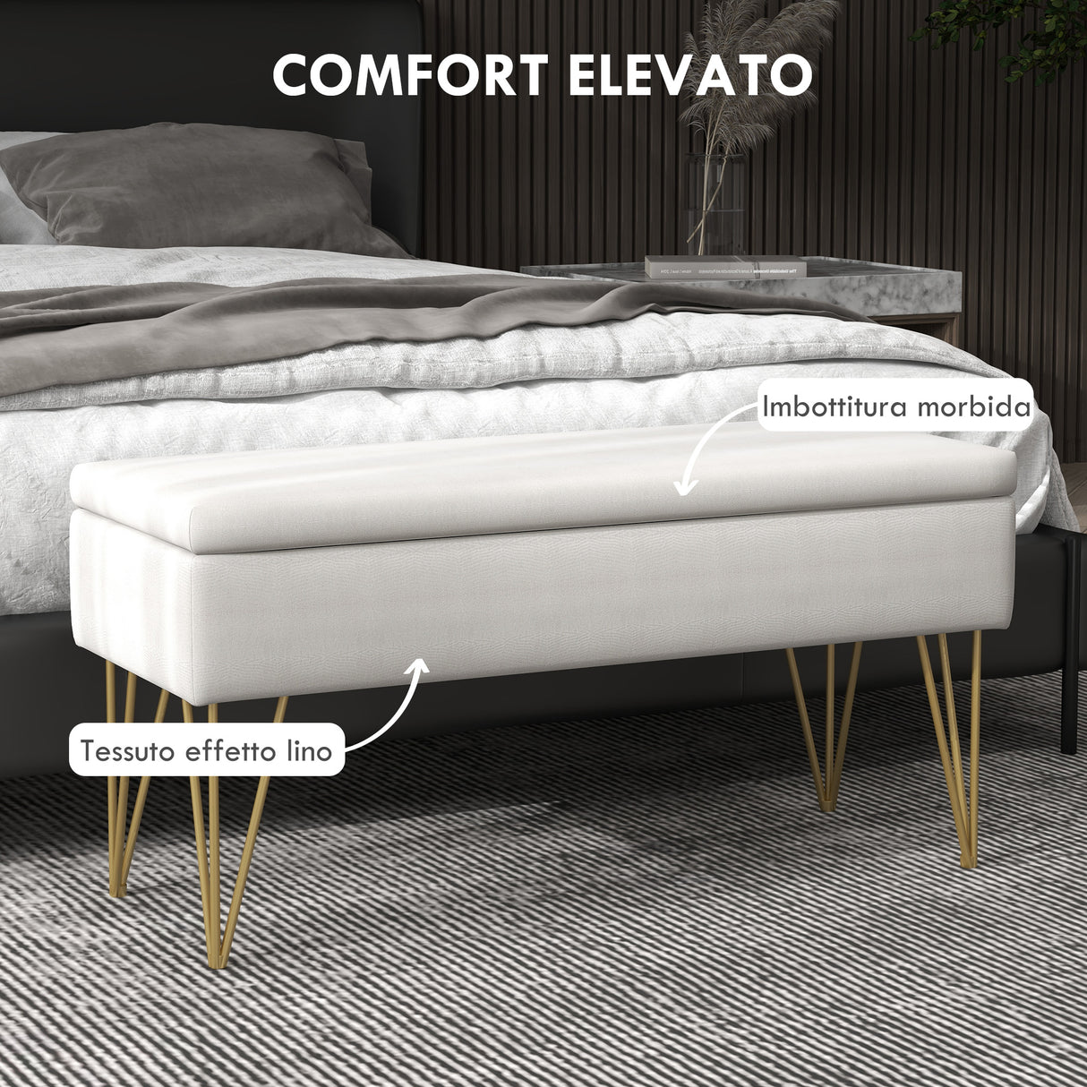 easycomfort easycomfort panca fondo letto con contenitore in tessuto e gambe in acciaio 100x40x49cm crema