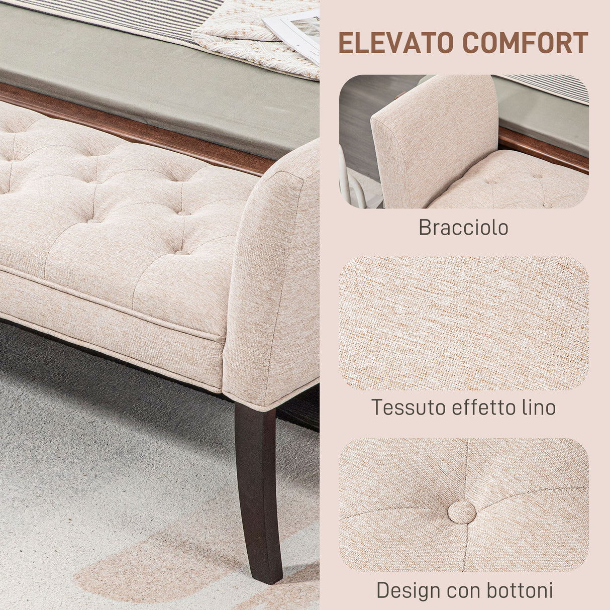 easycomfort easycomfort panca fondo letto imbottita e a bottoni in tessuto effetto lino e legno 141x44x65 cm beige