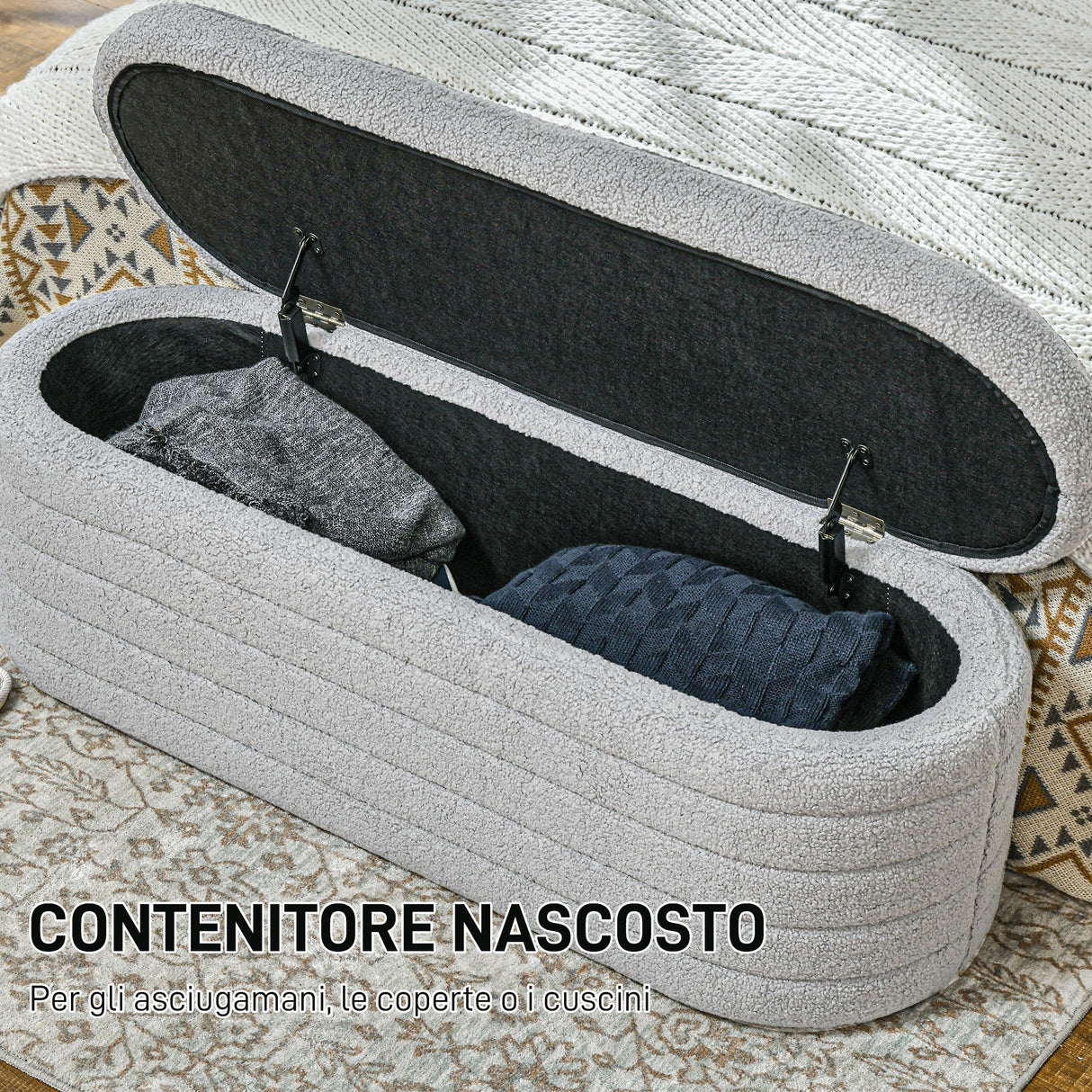 easycomfort easycomfort panca fondo letto in tessuto teddy con vano contenitore 116x41x40 5cm grigio chiaro