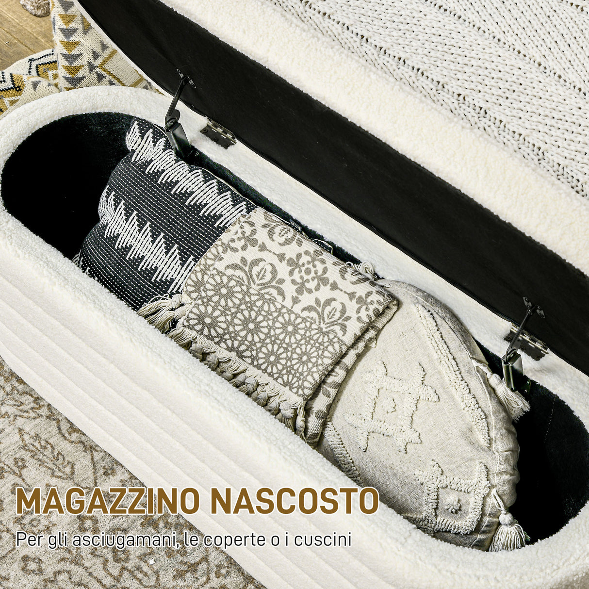 easycomfort easycomfort panca fondo letto in tessuto teddy con vano contenitore per ingresso e camera 116x41x40 5cm crema