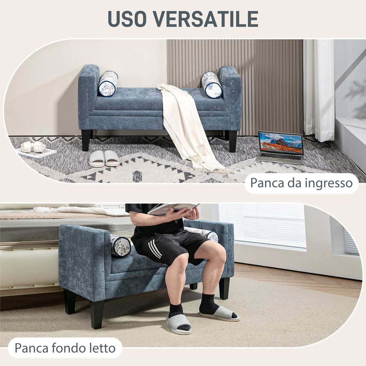 easycomfort easycomfort panca fondoletto con braccioli trapuntati e 2 cuscini in ciniglia e legno 115 5x45x56 cm grigio e nero