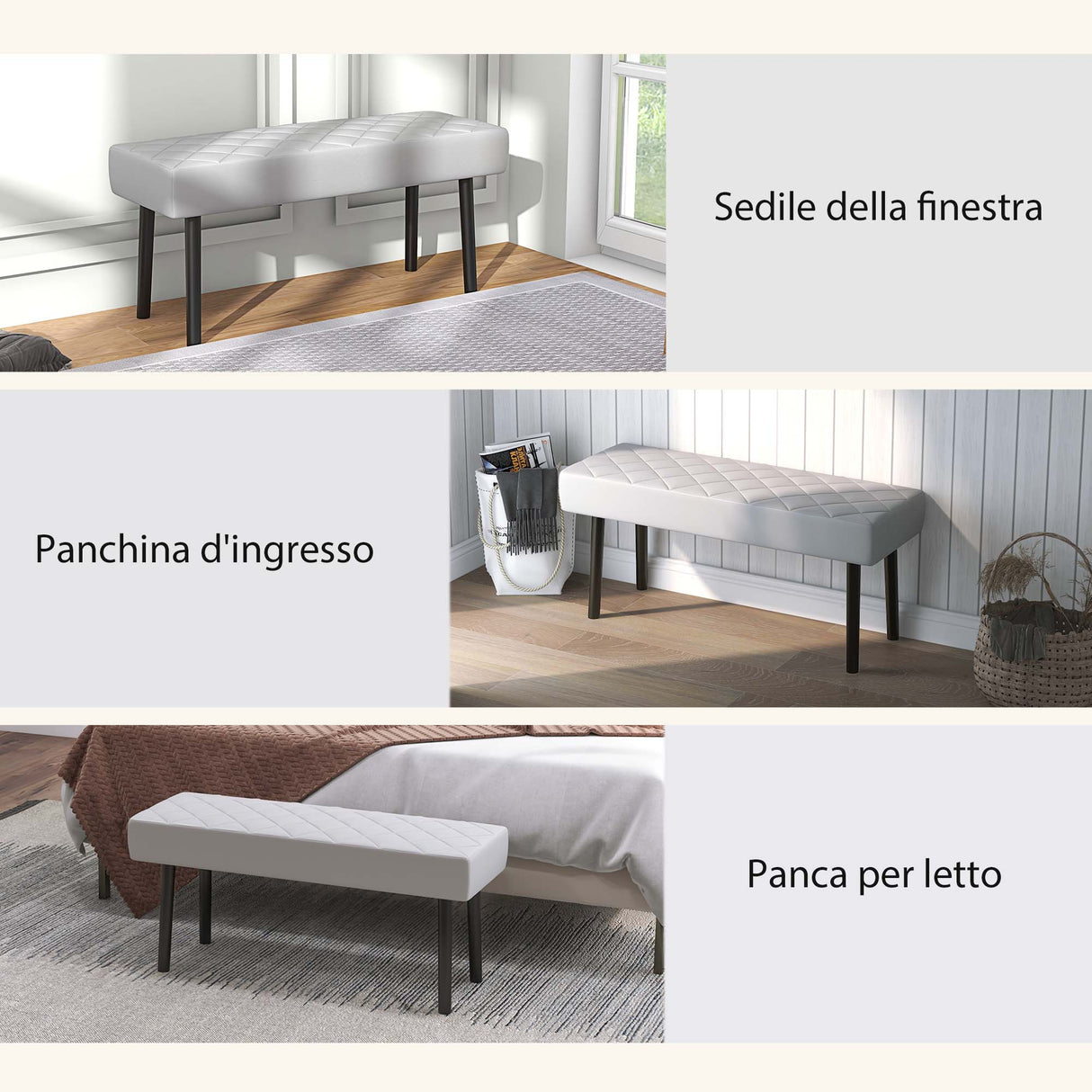 easycomfort easycomfort panca fondoletto imbottita in finta pelle trapuntata a diamante e gambe in acciaio 100x35x45cm grigio