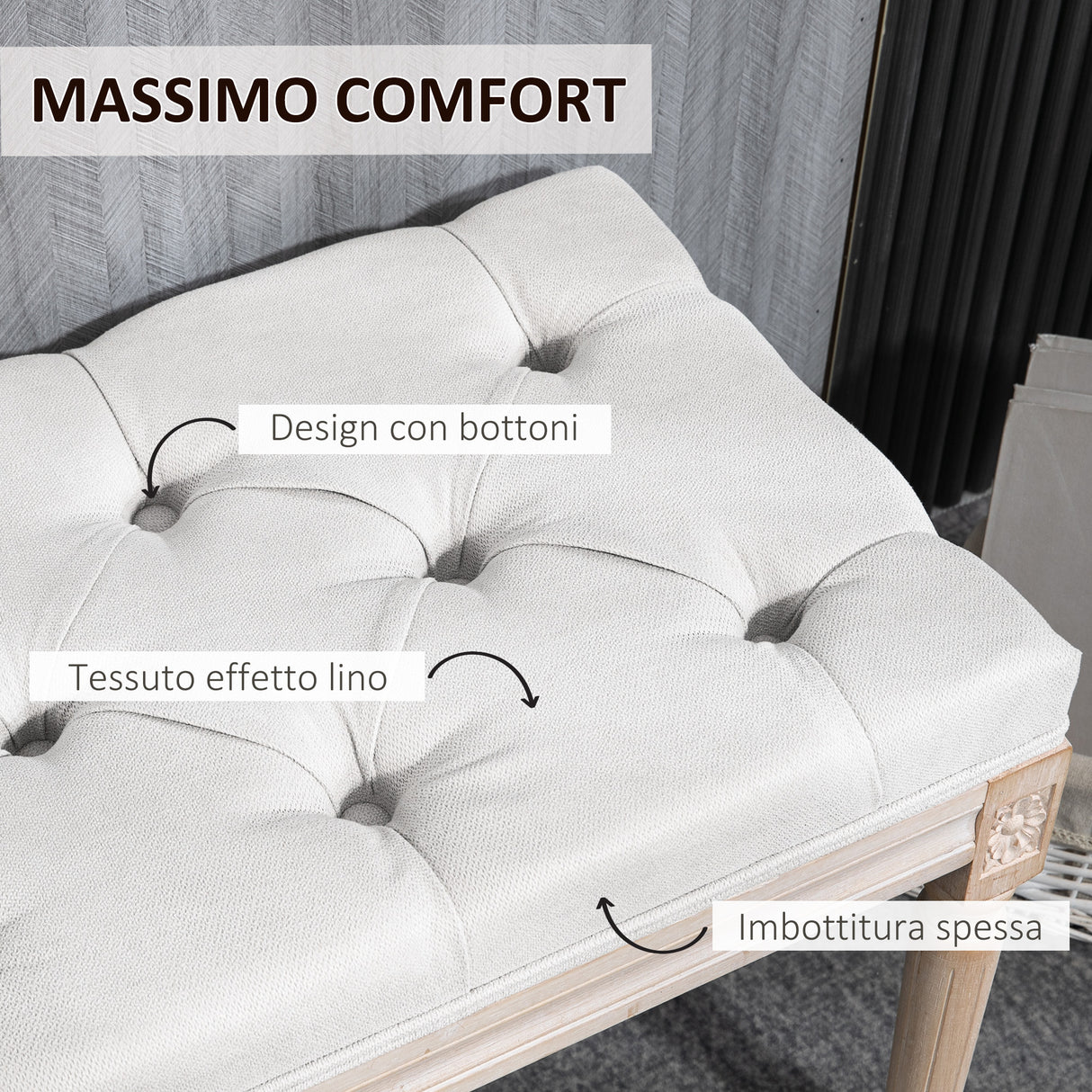 easycomfort easycomfort panca fondoletto imbottita stile vintage in tessuto e gambe in legno 117x40x48 cm crema