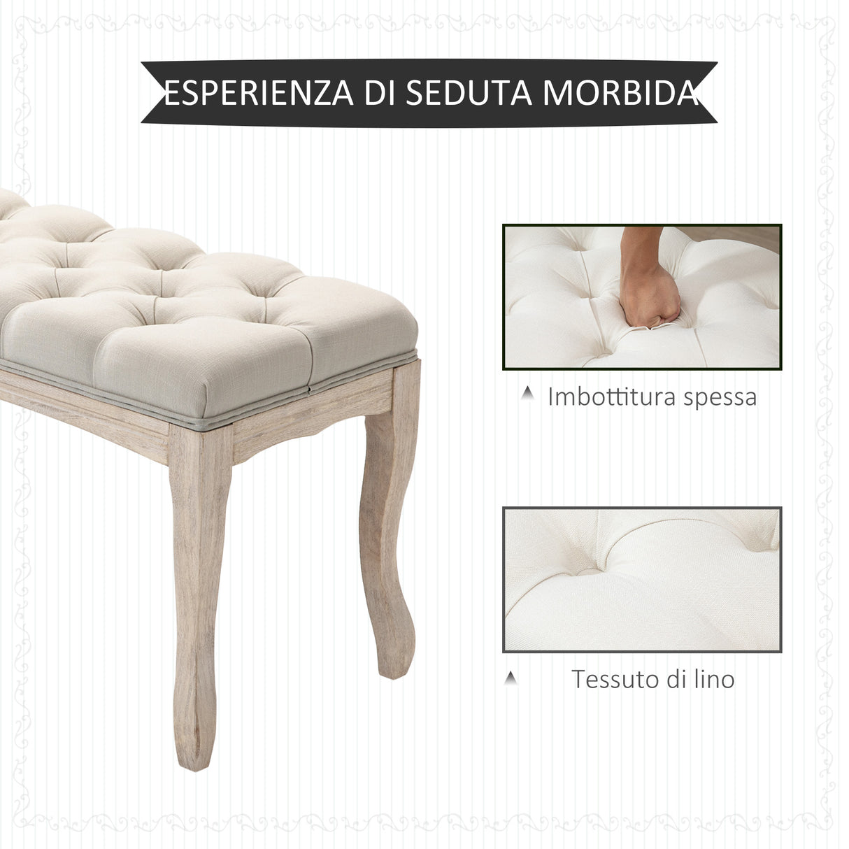 easycomfort easycomfort panca fondoletto vintage con seduta imbottita in tessuto e gambe in legno 110x40x48cm beige