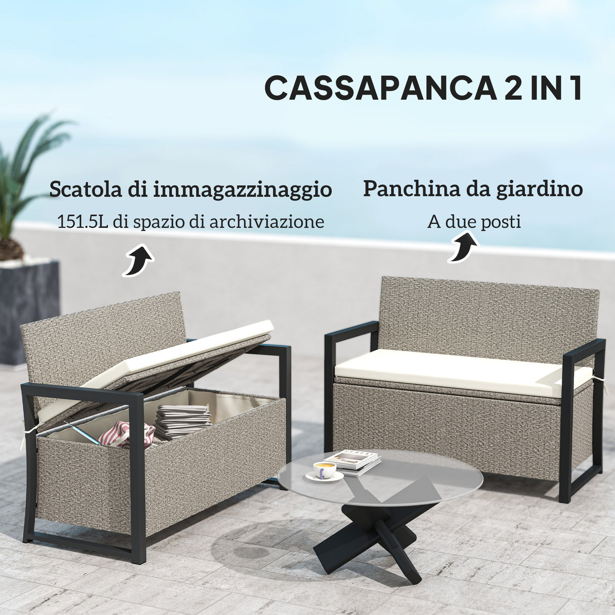 easycomfort easycomfort panchina da giardino 2 posti con cassapanca da 151 5l in rattan con schienale braccioli e cuscino crema