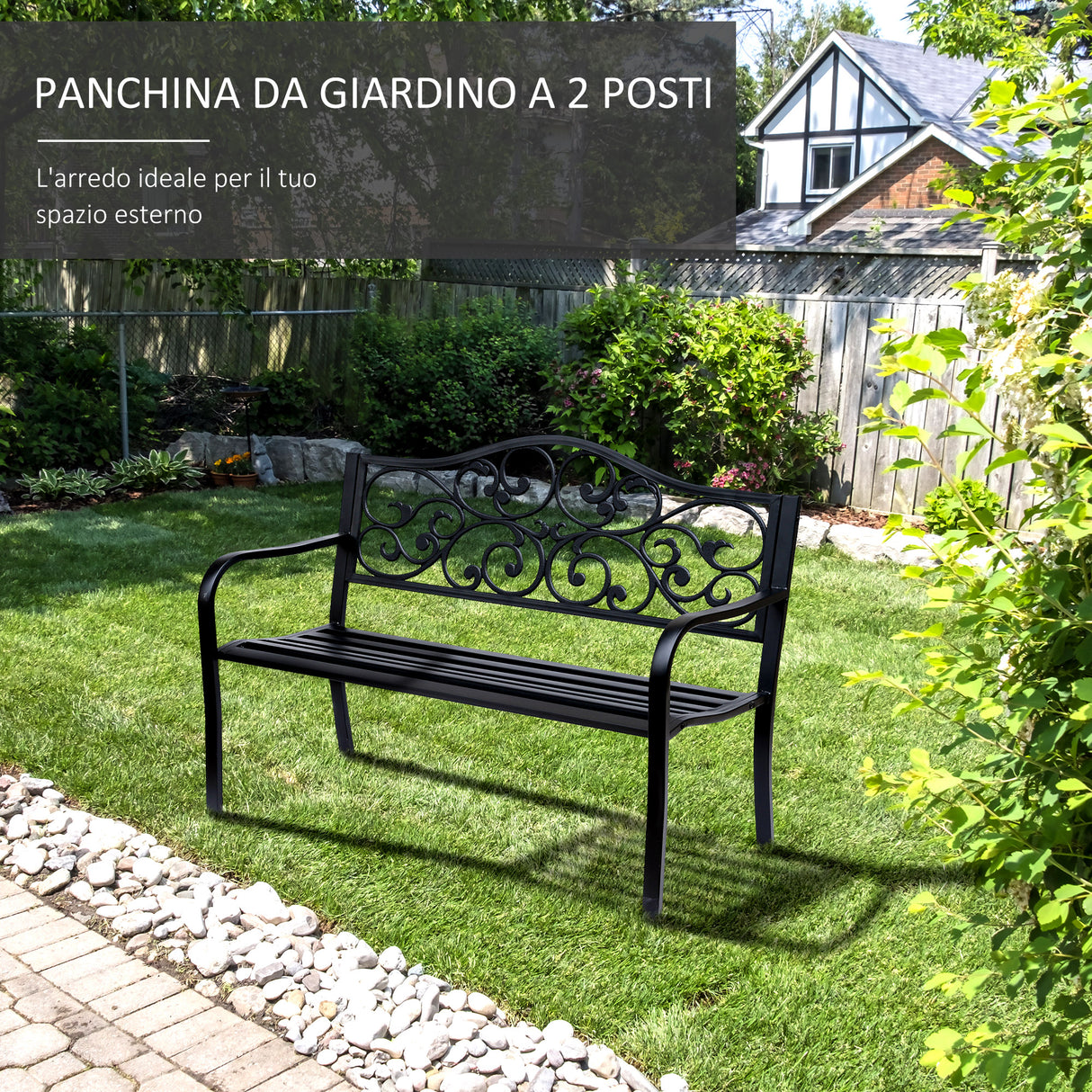 easycomfort easycomfort panchina da giardino 2 posti con schienale decorato in ghisa e metallo 127x60x89cm nero