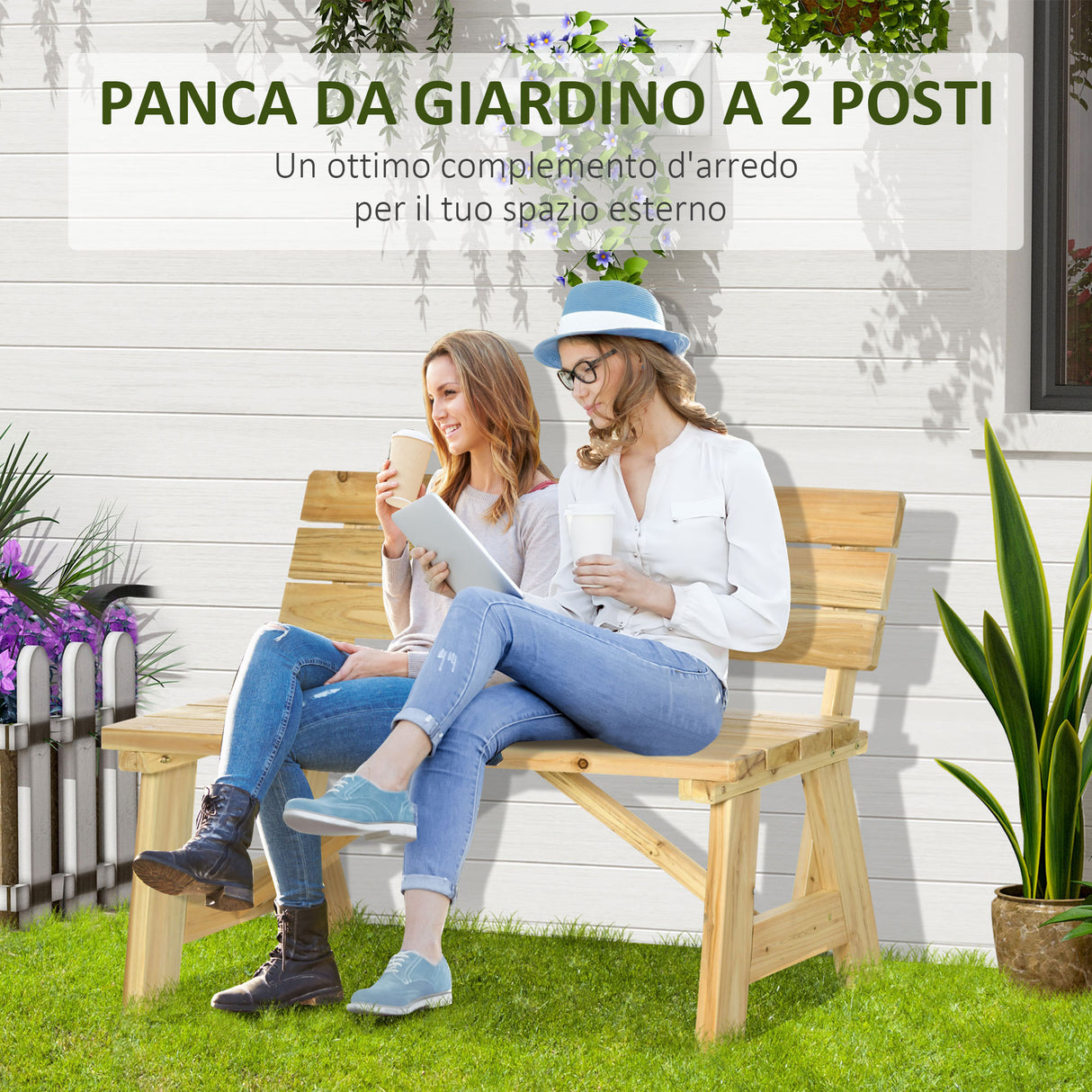 easycomfort easycomfort panchina da giardino in legno 2 posti a doghe con schienale alto 116x56x80cm colore naturale