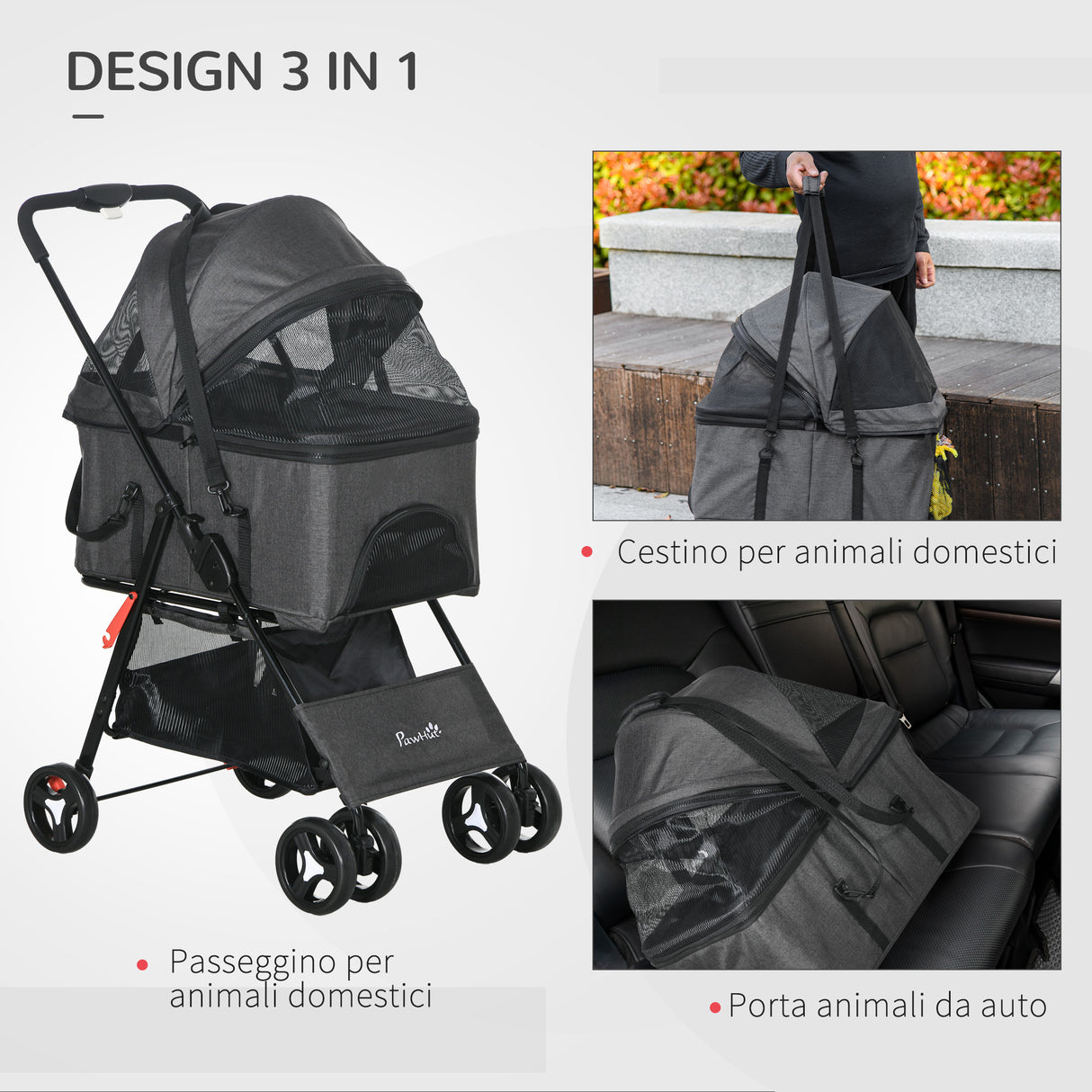 easycomfort easycomfort passeggino per cani 3 in 1 convertibile in borsa e trasportino con guinzaglio e cuscino grigio