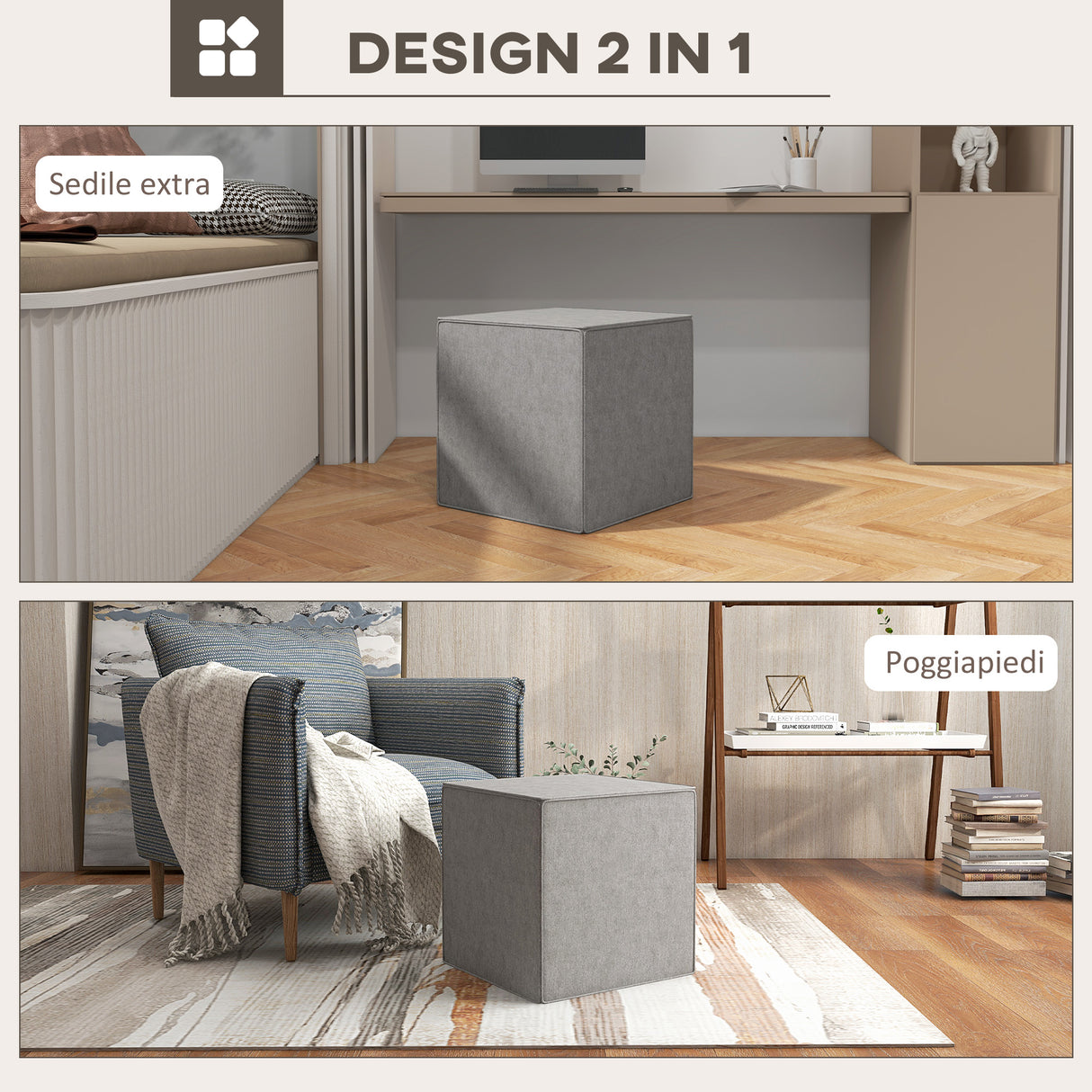 easycomfort easycomfort poggiapiedi quadrato 2 in 1 con rivestimento rimovibile in tessuto effetto lino 41x41x41 cm grigio chiaro