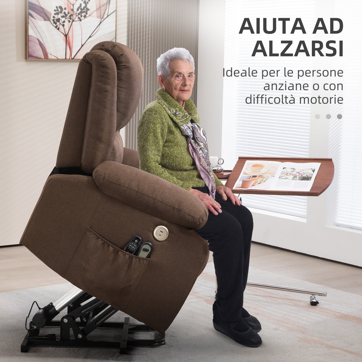 easycomfort easycomfort poltrona alzapersona reclinabile con poggiapiedi in tessuto effetto lino 87x92x105 cm caffe