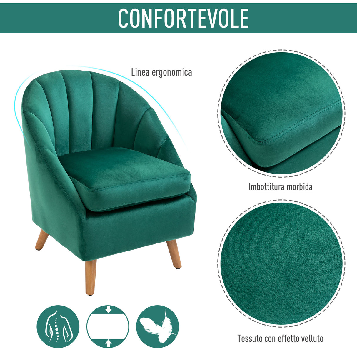 easycomfort easycomfort poltrona da camera da letto e salotto in velluto verde con imbottitura spessa e solida struttura in legno 67x65x77cm ean 8055776910642