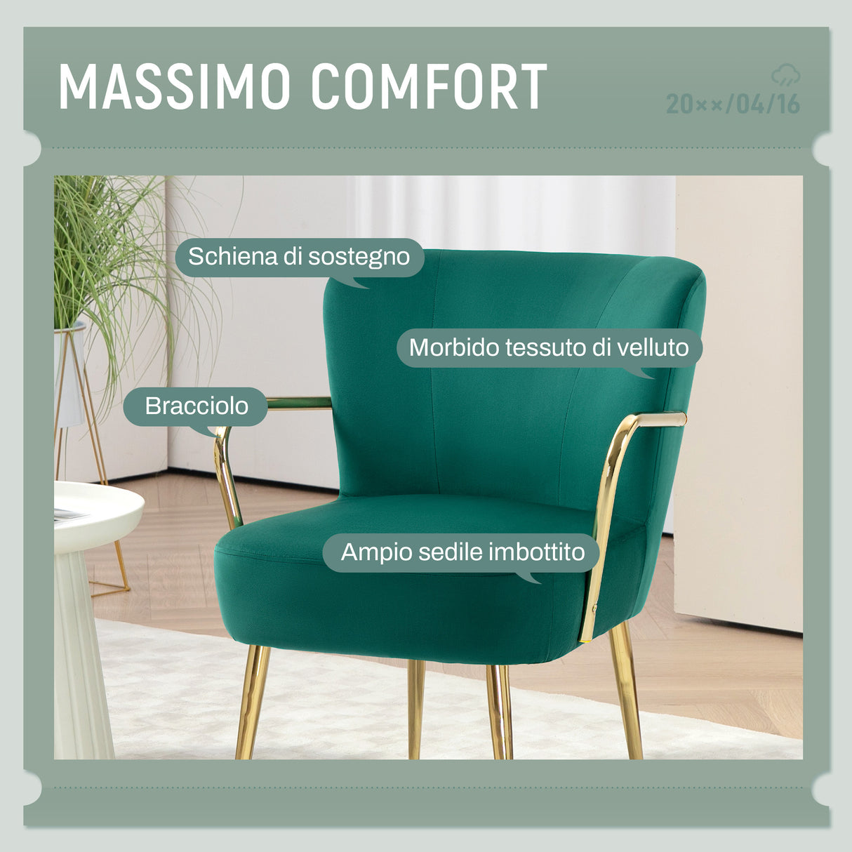 easycomfort easycomfort poltrona da camera retro in velluto con braccioli gambe dorate e seduta imbottita verde