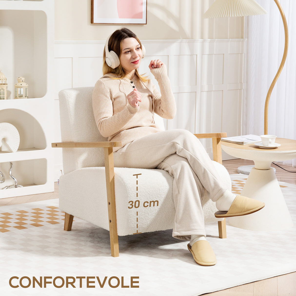 easycomfort easycomfort poltrona da salotto in tessuto sherpa con braccioli e gambe in legno stile nordico crema