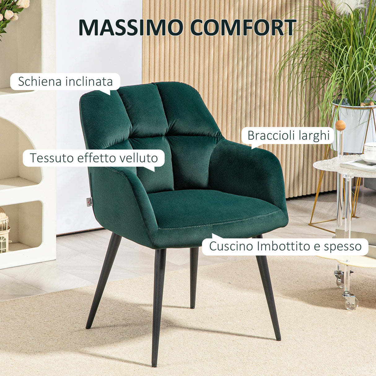 easycomfort easycomfort poltrona da salotto in velluto e imbottita con gambe in acciaio e braccioli estesi verde