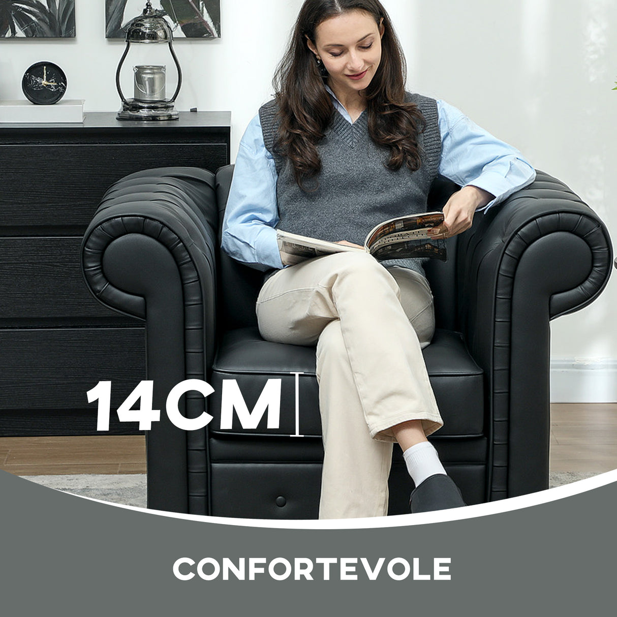easycomfort easycomfort poltrona da salotto stile chesterfield in finta pelle pu con gambe in legno nero