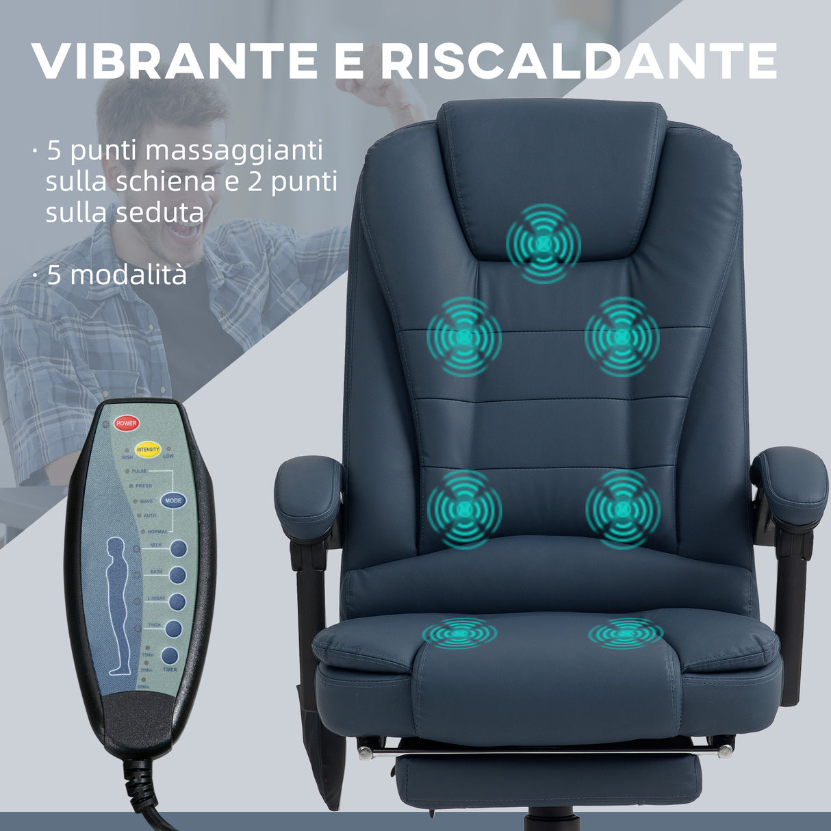 easycomfort easycomfort poltrona da ufficio con 7 punti massaggianti e poggiapiedi in pelle pu e acciaio 67x67x111 121 cm blu