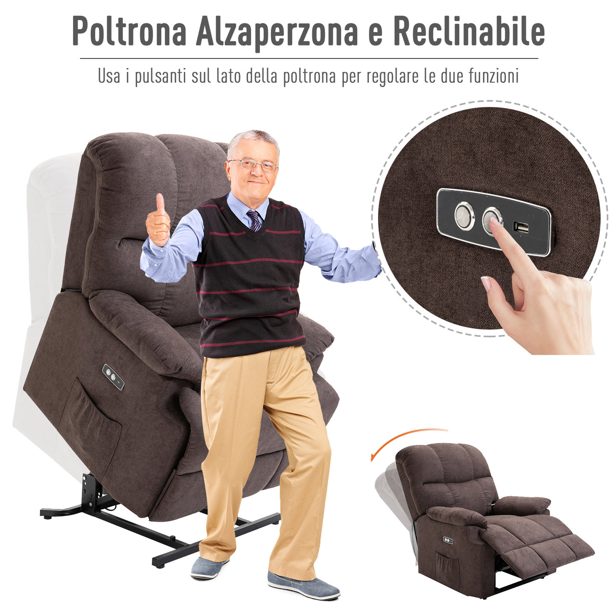 easycomfort easycomfort poltrona elettrica alzapersona reclinabile 150 poltrona relax elettrica in velluto con connettore usb motore telecomando poggiapiedi e tasche laterali per anziani marrone
