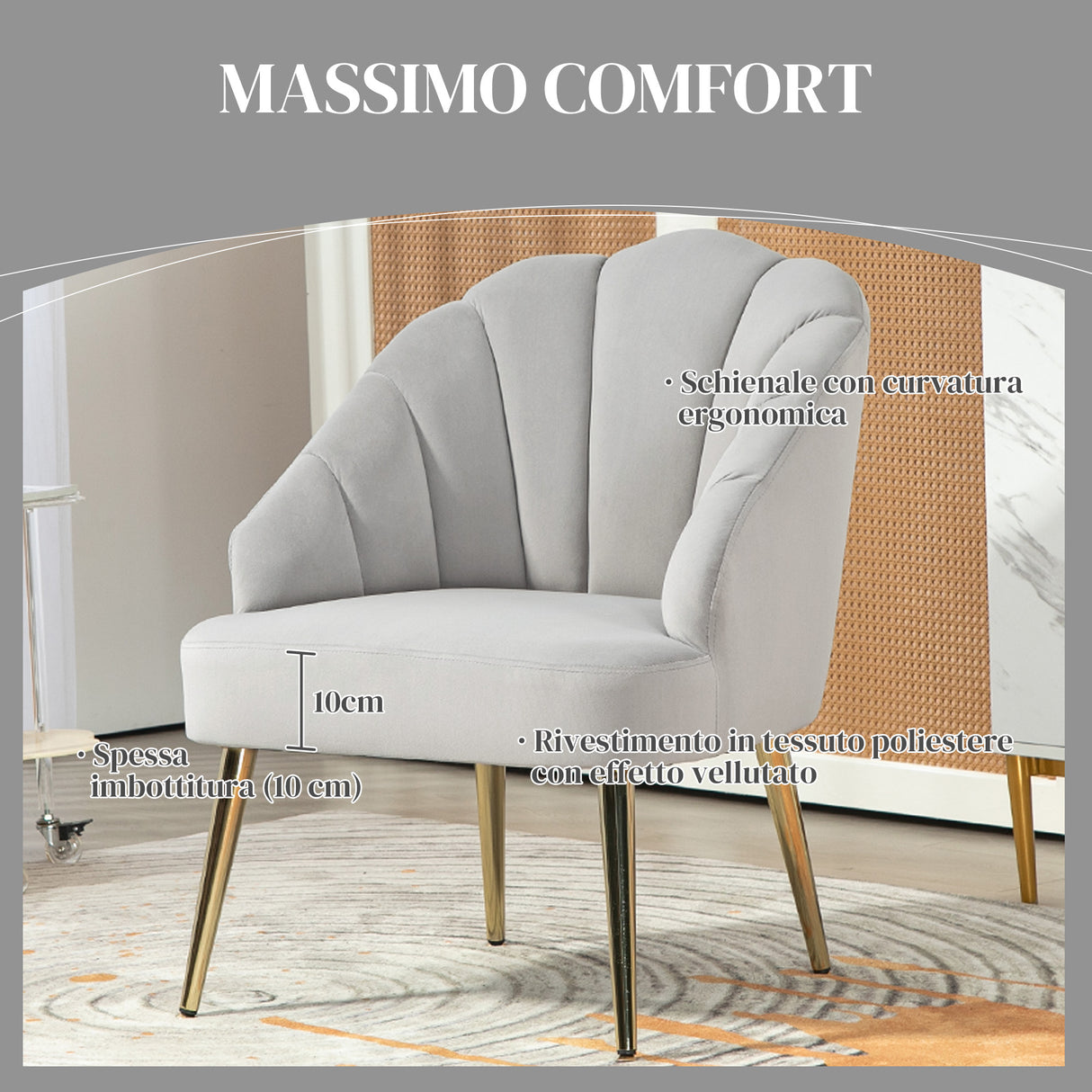 easycomfort easycomfort poltrona in velluto da camera e salotto a conchiglia stile art deco acciaio 63x65x84 cm grigio