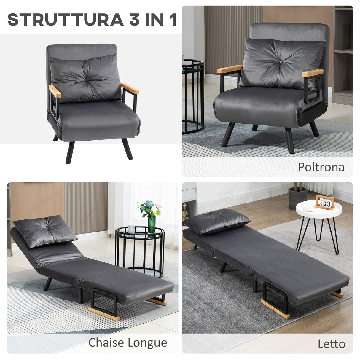 easycomfort easycomfort poltrona letto 3 in 1 con schienale reclinabile in 5 posizioni e cuscino 63x73x81 cm grigio scuro