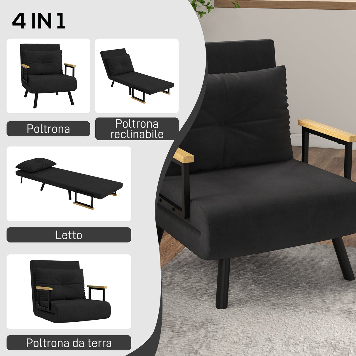 easycomfort easycomfort poltrona letto 3 in 1 con schienale reclinabile in 5 posizioni e cuscino 63x73x81 cm nero