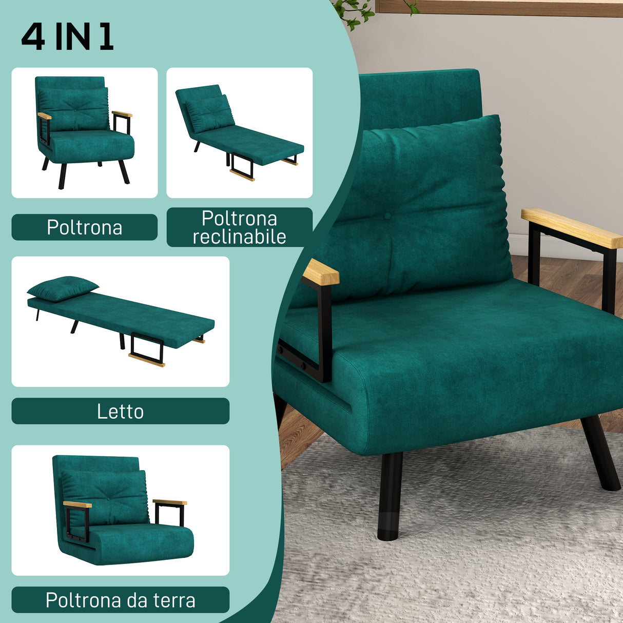 easycomfort easycomfort poltrona letto 3 in 1 con schienale reclinabile in 5 posizioni e cuscino 63x73x81 cm verde