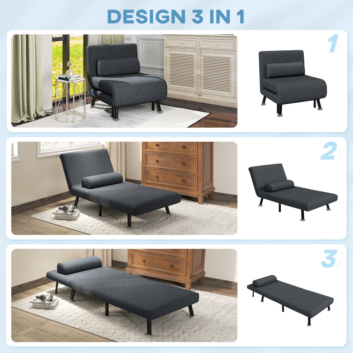 easycomfort easycomfort poltrona letto 3 in 1 con schienale regolabile e cuscino in tessuto effetto lino e acciaio grigio scuro