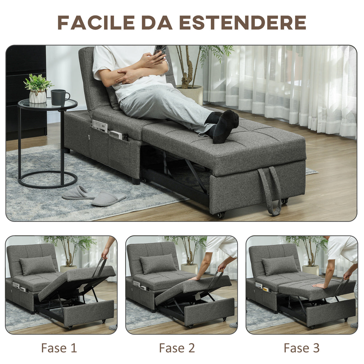 easycomfort easycomfort poltrona letto 4 in 1 convertibile in chaise longue e poggiapiedi con sistema clic clac grigio