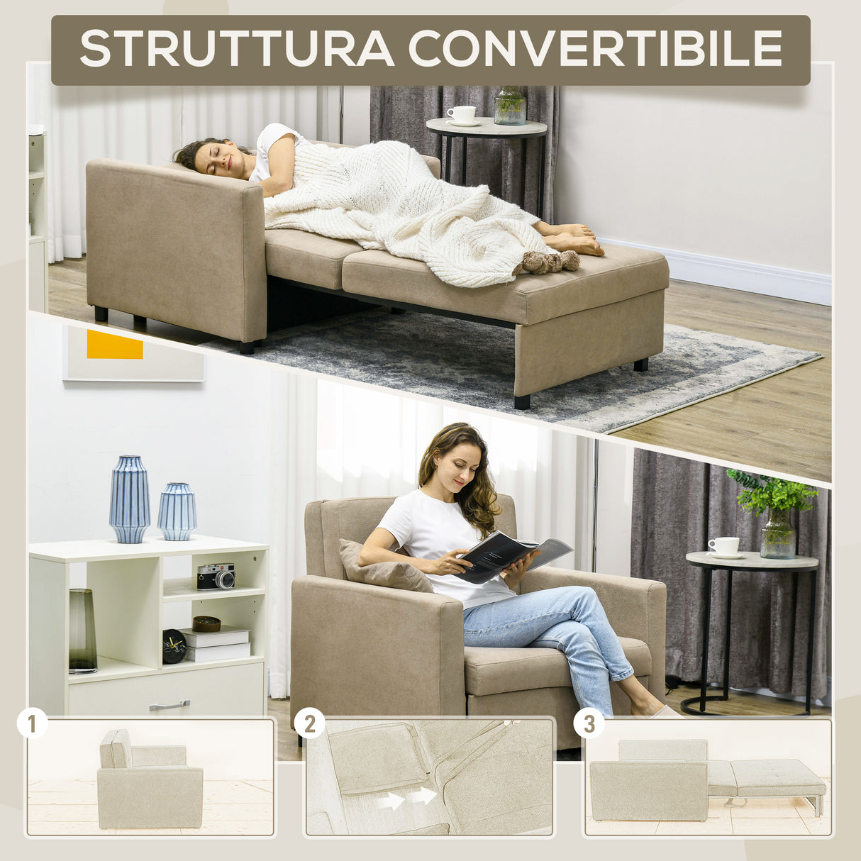 easycomfort easycomfort poltrona letto in tessuto effetto velluto marrone chiaro con 2 cuscini e spazio portaoggetti 100x98x88 cm