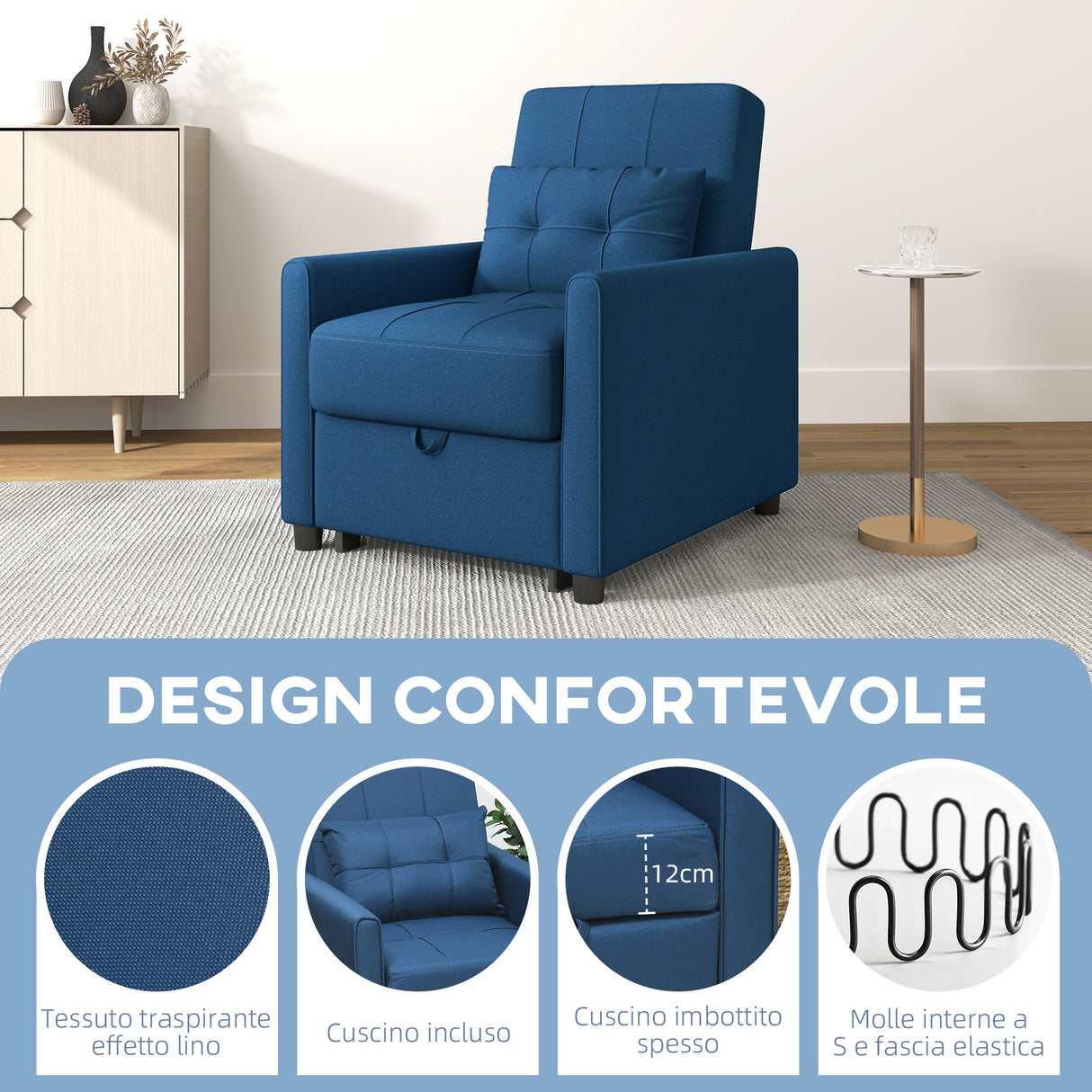 easycomfort easycomfort poltrona letto singola reclinabile su 3 livelli con cuscino e 2 tasche laterali 69x82x85cm blu